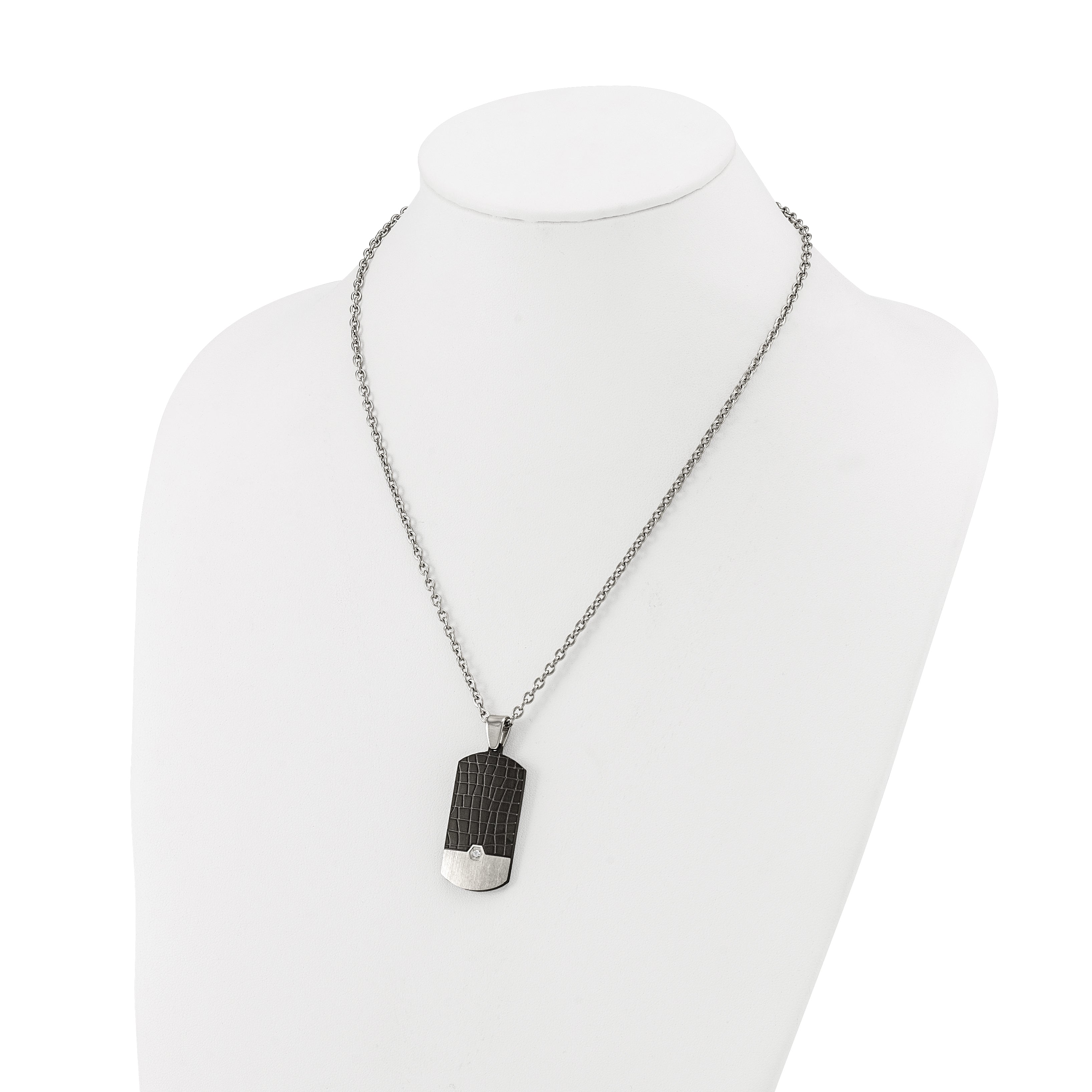 Men's Black Ion-Plated Brushed Cubic Zirconia Dog Tag Stainless Steel Cable Chain Pendant Necklace 3mm