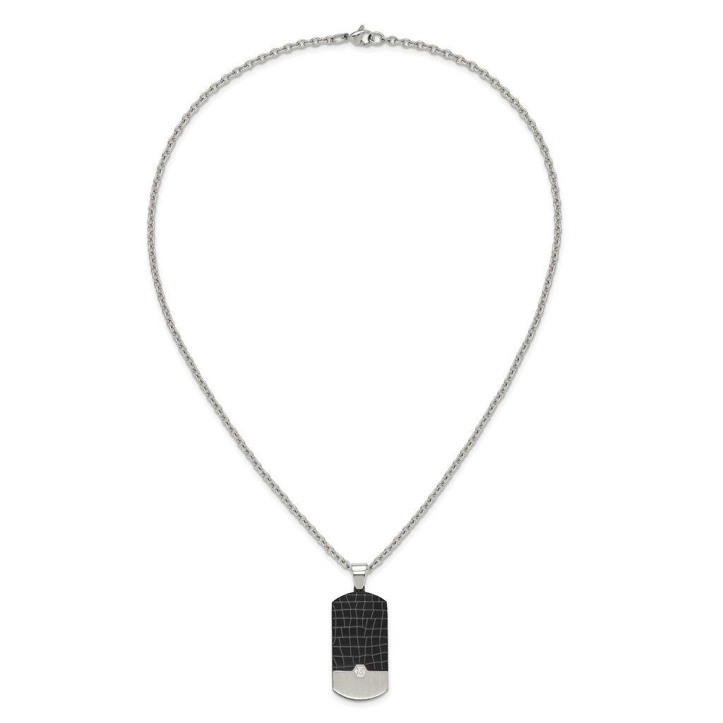Men's Black Ion-Plated Brushed Cubic Zirconia Dog Tag Stainless Steel Cable Chain Pendant Necklace 3mm