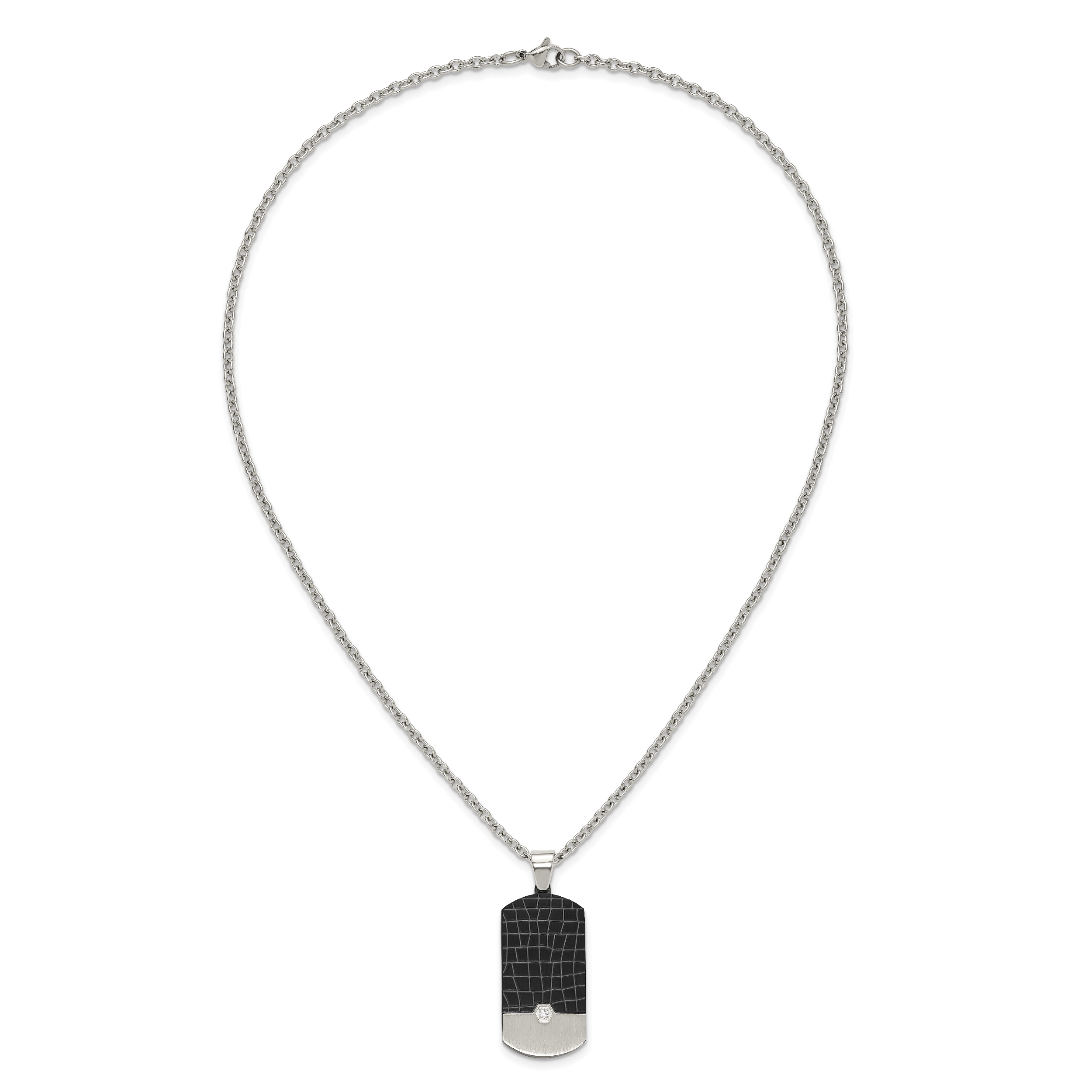 Men's Black Ion-Plated Brushed Cubic Zirconia Dog Tag Stainless Steel Cable Chain Pendant Necklace 3mm