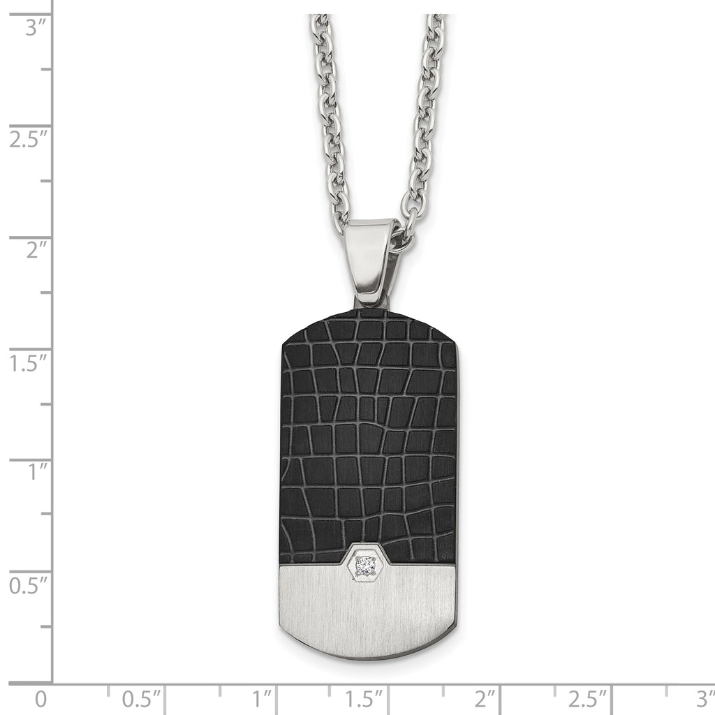Men's Black Ion-Plated Brushed Cubic Zirconia Dog Tag Stainless Steel Cable Chain Pendant Necklace 3mm