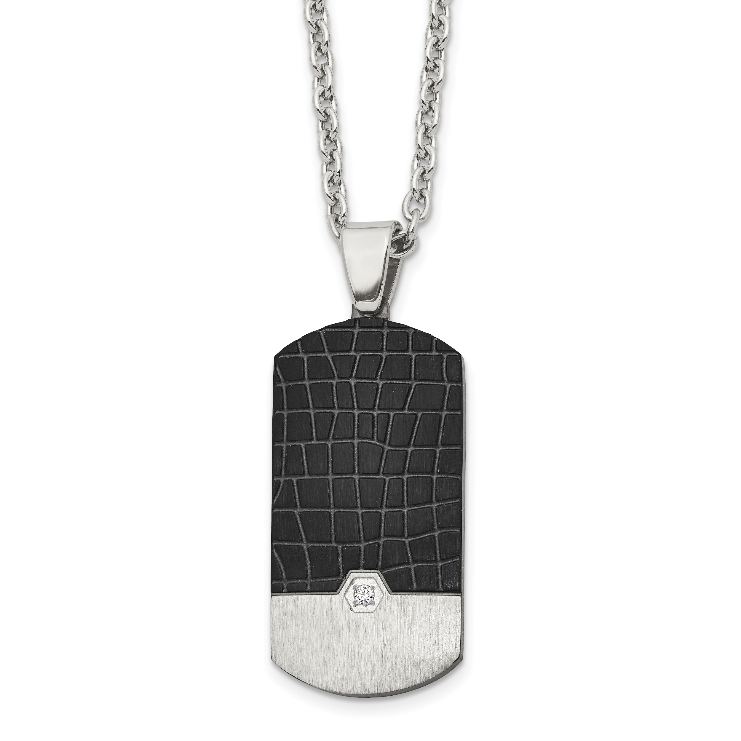 Men's Black Ion-Plated Brushed Cubic Zirconia Dog Tag Stainless Steel Cable Chain Pendant Necklace 3mm Main image
