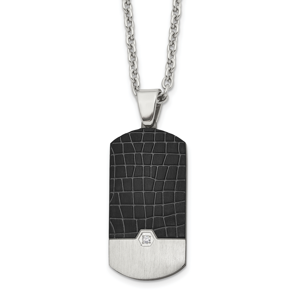 Men's Black Ion-Plated Brushed Cubic Zirconia Dog Tag Stainless Steel Cable Chain Pendant Necklace 3mm