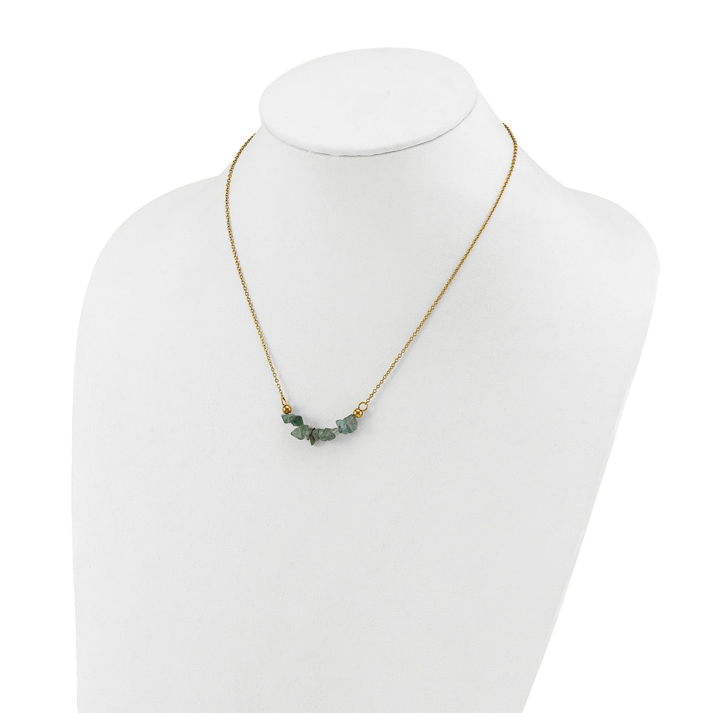 Gold-Tone Polished Green Jade Stainless Steel Cable Chain Necklace 1.5mm