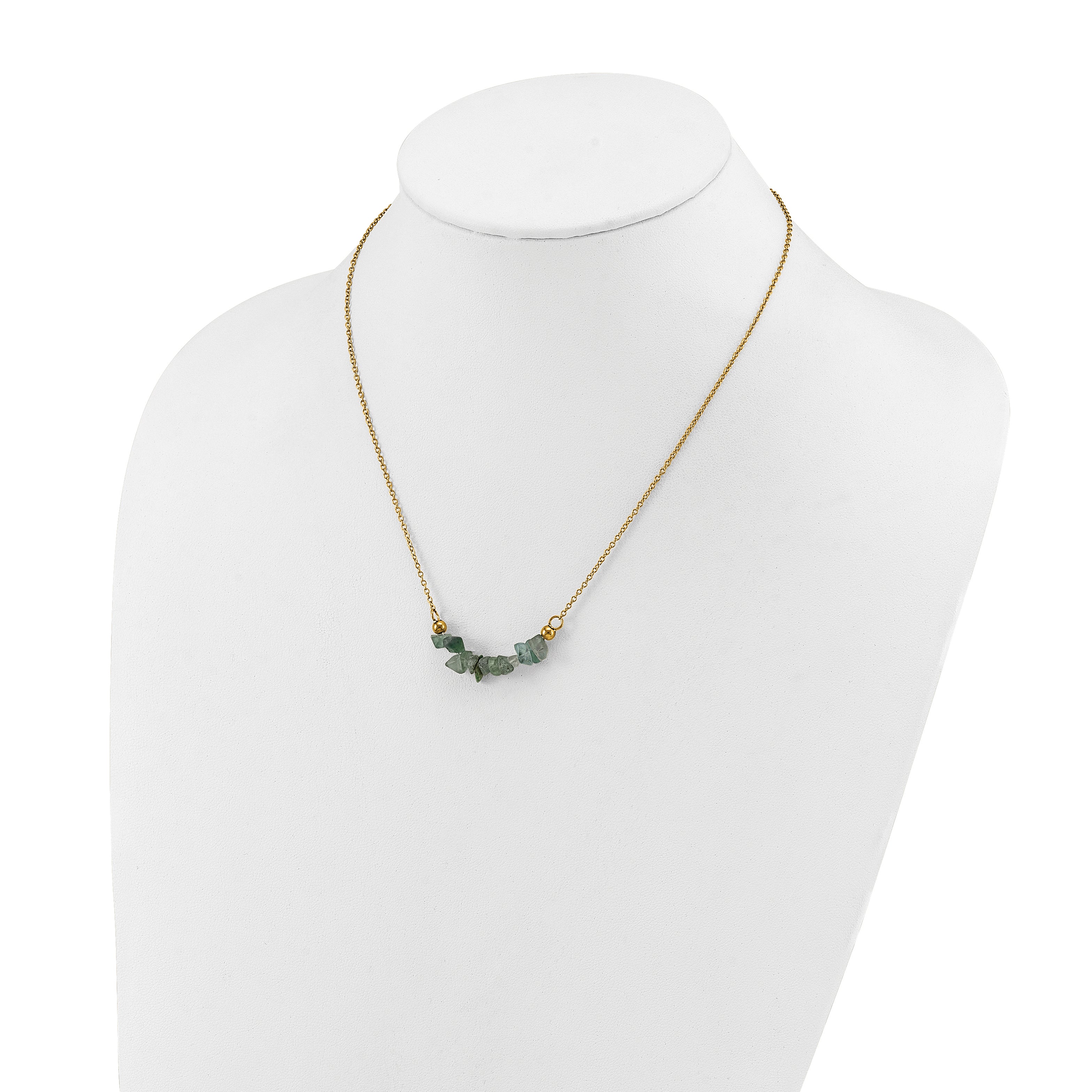 Gold-Tone Polished Green Jade Stainless Steel Cable Chain Necklace 1.5mm