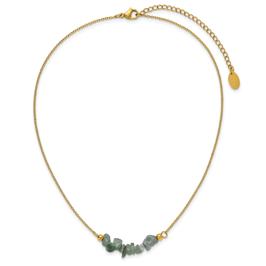 Gold-Tone Polished Green Jade Stainless Steel Cable Chain Necklace 1.5mm