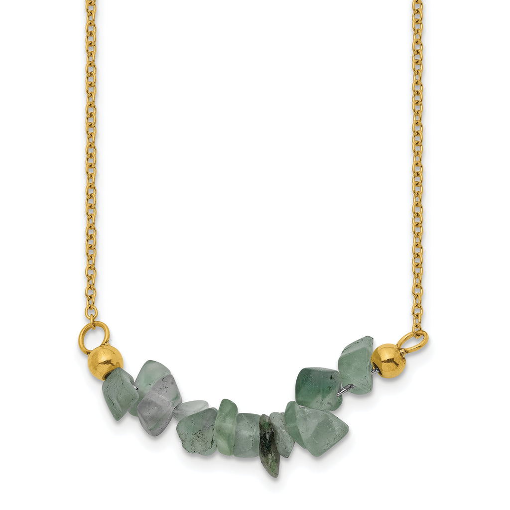 Gold-Tone Polished Green Jade Stainless Steel Cable Chain Necklace 1.5mm