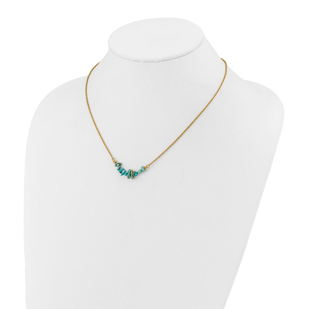 Gold-Tone Polished Blue Synthetic Turquoise Stainless Steel Cable Chain Necklace 1.5mm