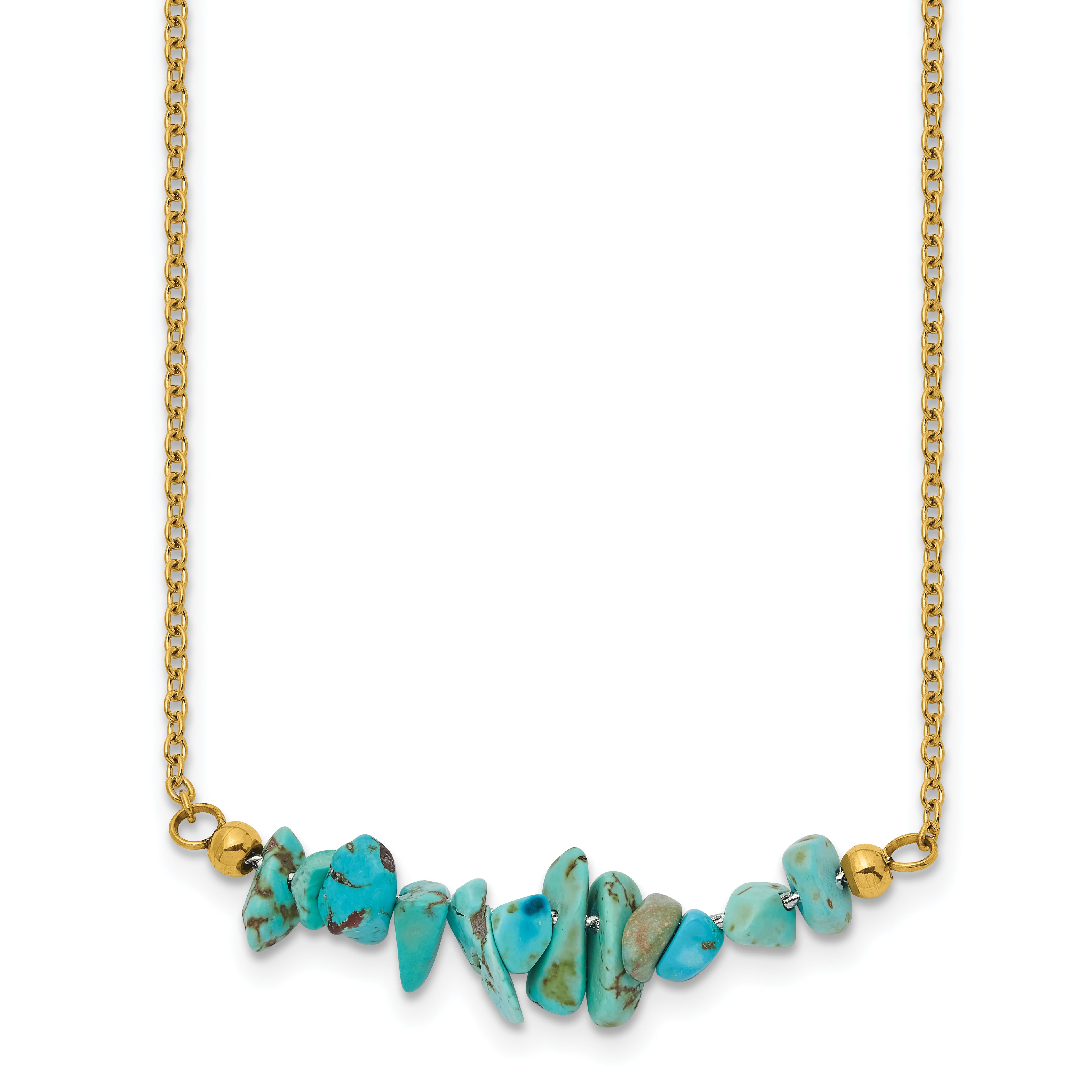 Gold-Tone Polished Blue Synthetic Turquoise Stainless Steel Cable Chain Necklace 1.5mm