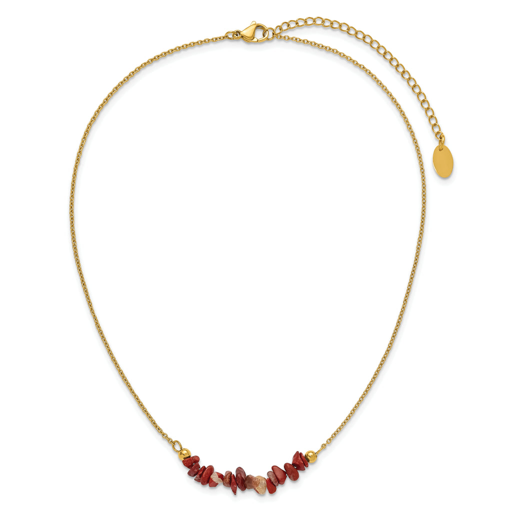 Gold-Tone Polished Red Jade Stainless Steel Cable Chain Necklace 1.5mm