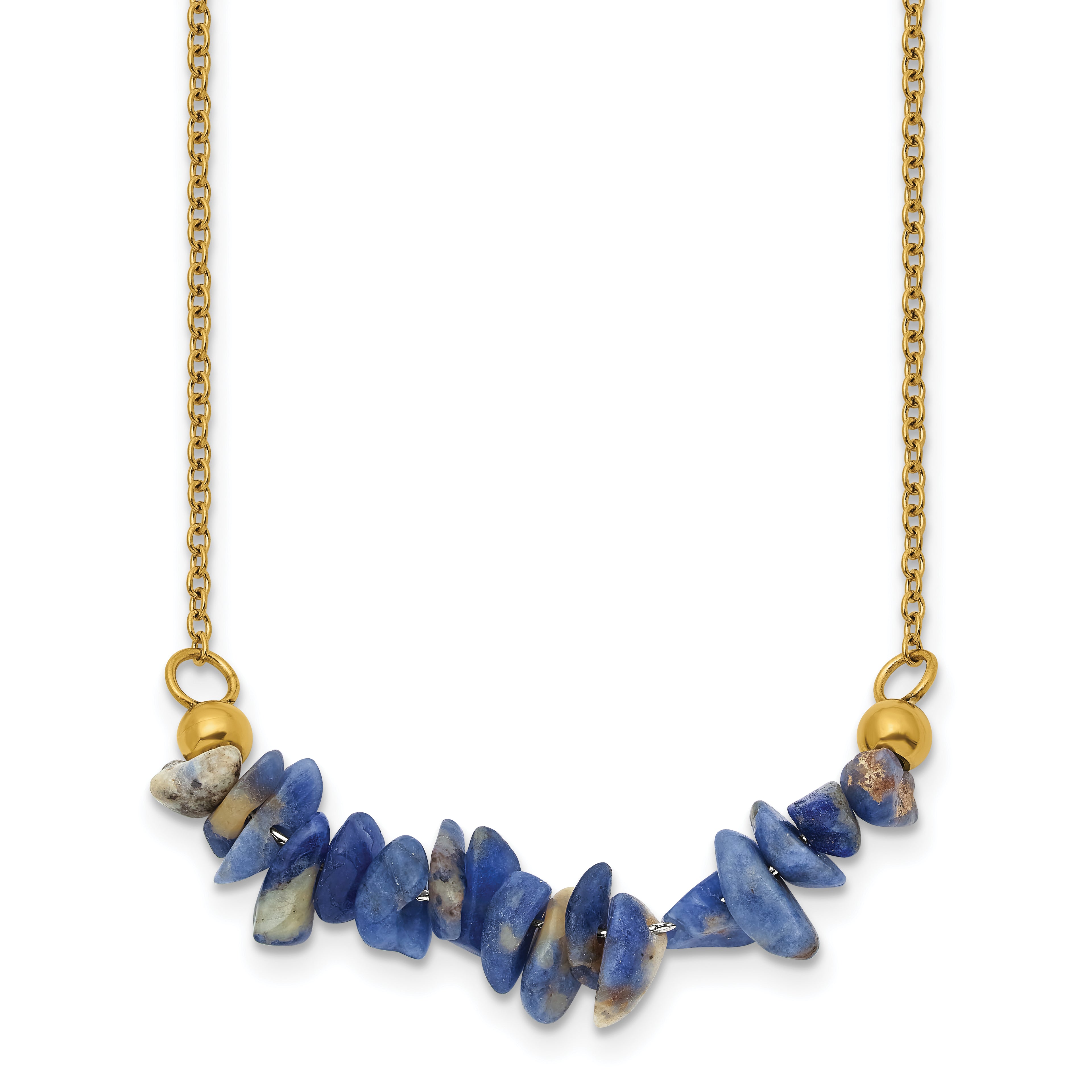 Gold-Tone Polished Blue Sodalite Stainless Steel Cable Chain Necklace 1.5mm