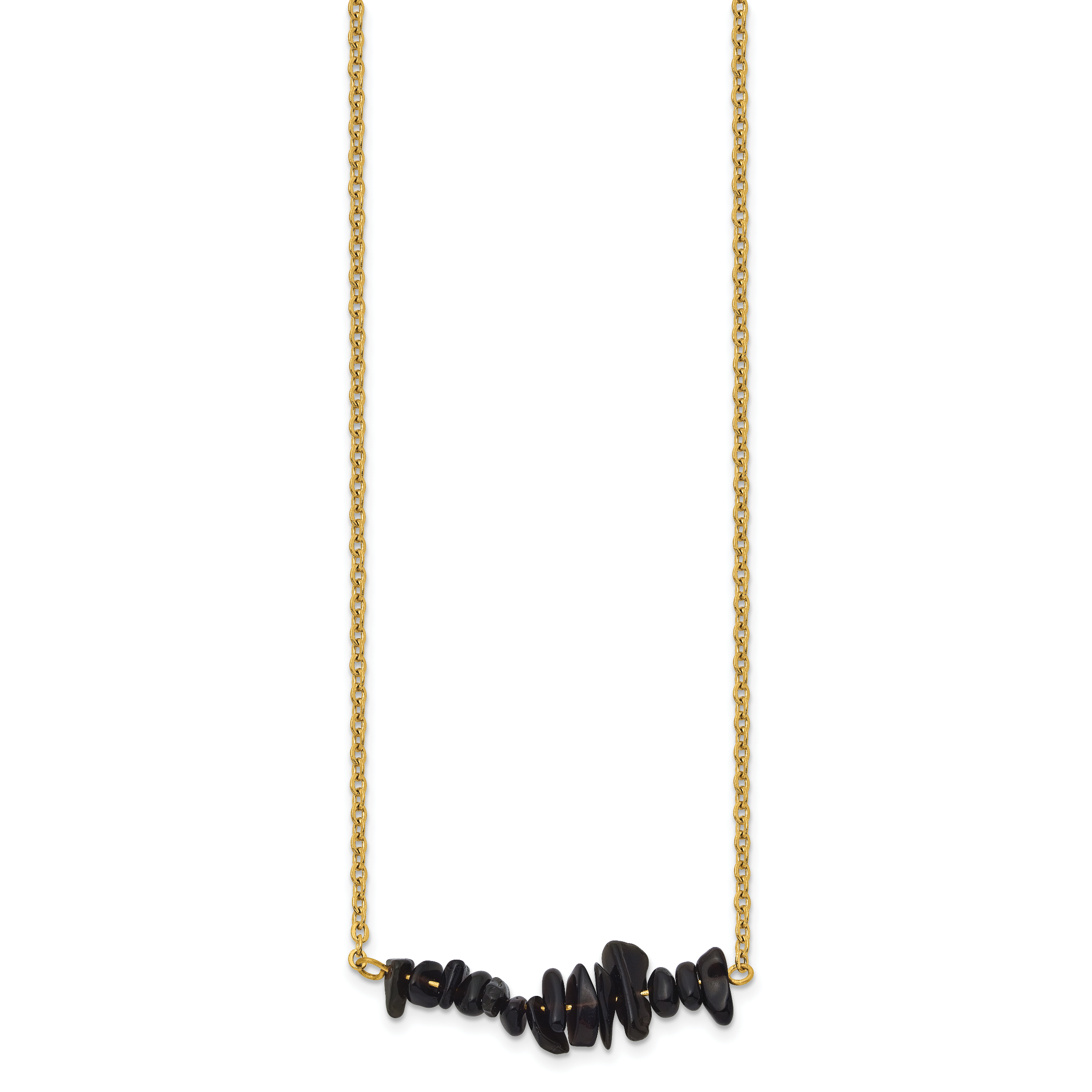 Gold-Tone Polished Black Agate Stainless Steel Cable Chain Necklace 1.5mm