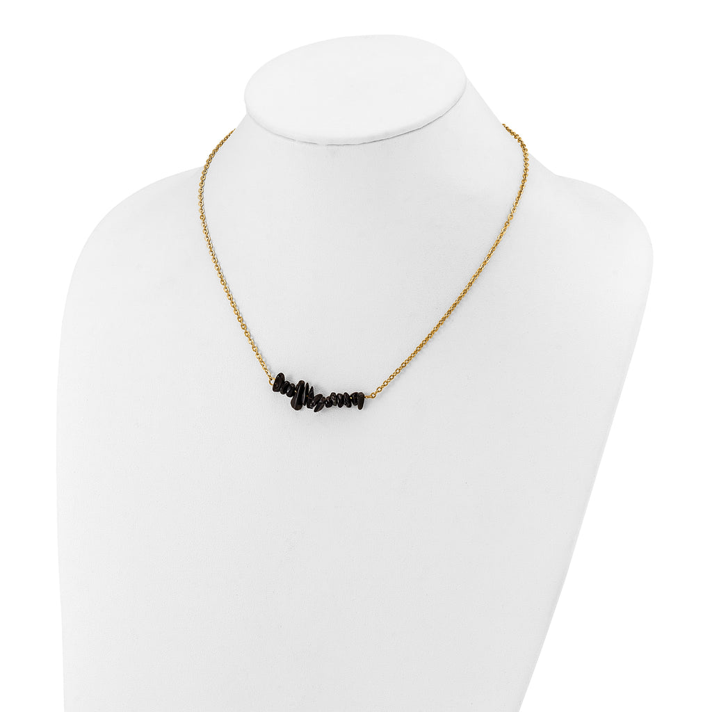 Gold-Tone Polished Black Agate Stainless Steel Cable Chain Necklace 1.5mm