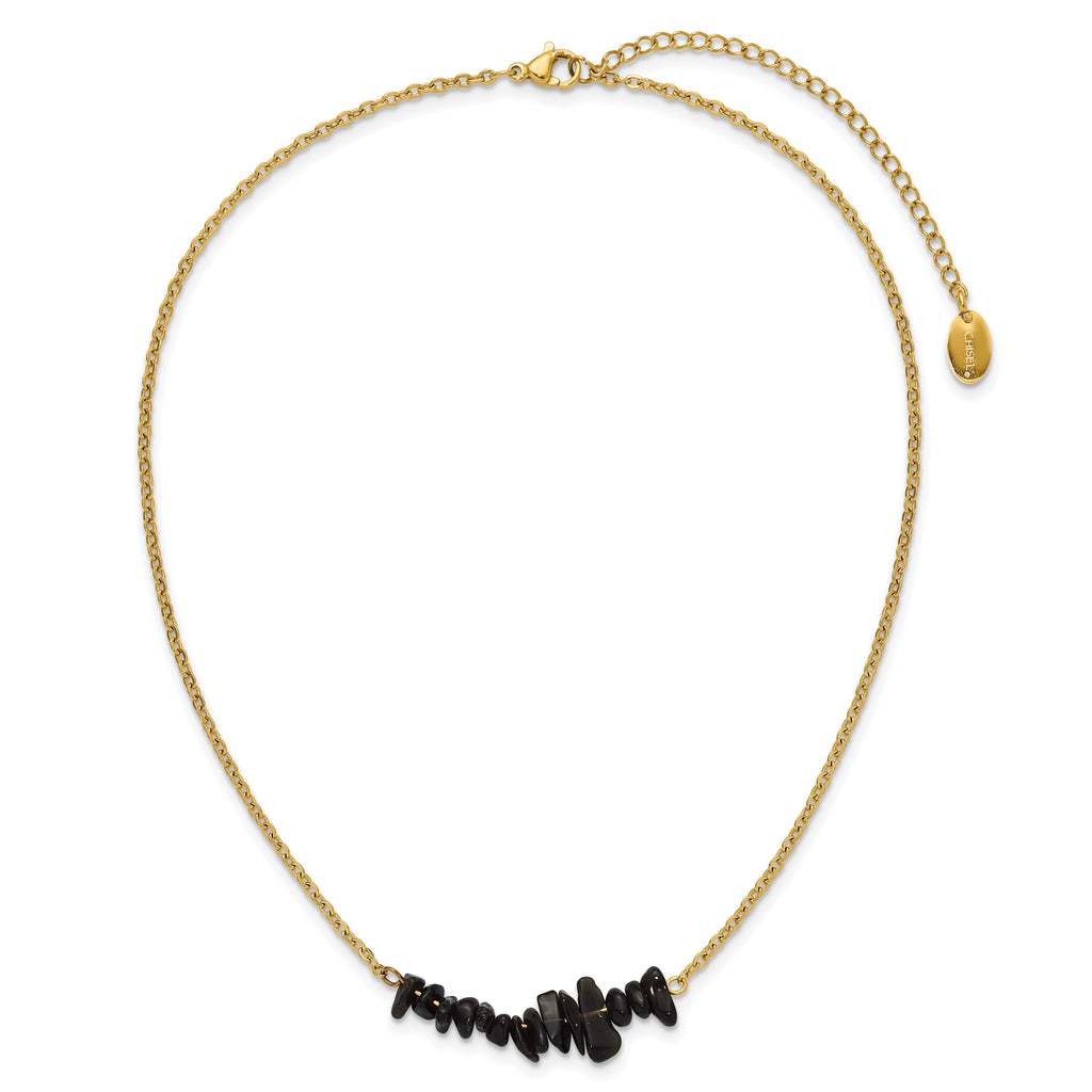 Gold-Tone Polished Black Agate Stainless Steel Cable Chain Necklace 1.5mm