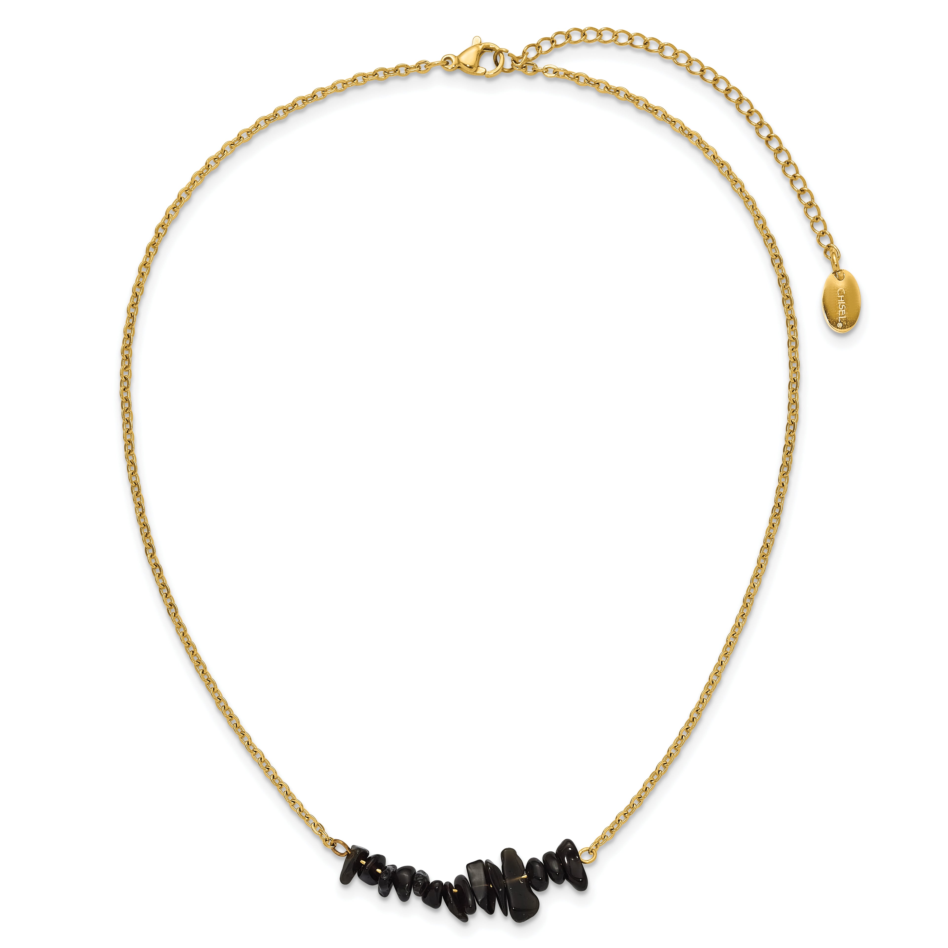 Gold-Tone Polished Black Agate Stainless Steel Cable Chain Necklace 1.5mm