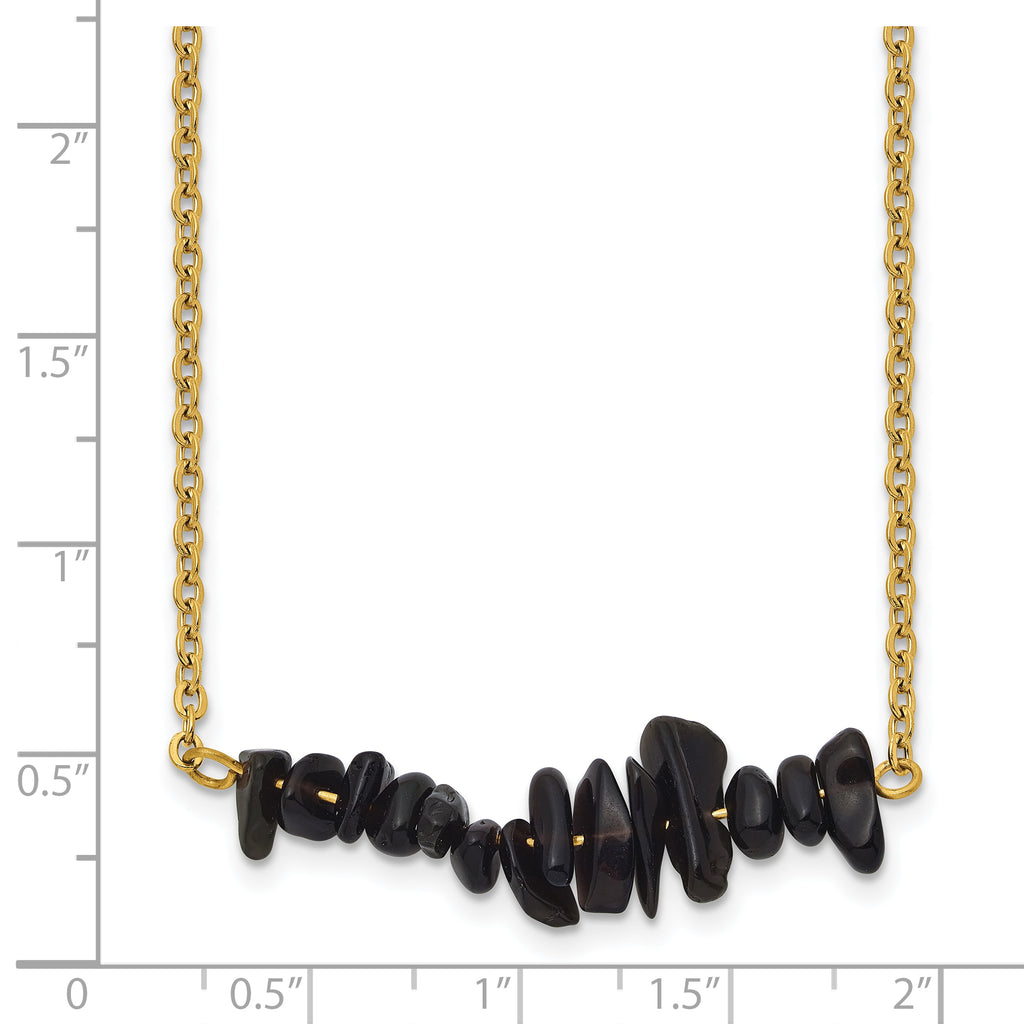 Gold-Tone Polished Black Agate Stainless Steel Cable Chain Necklace 1.5mm