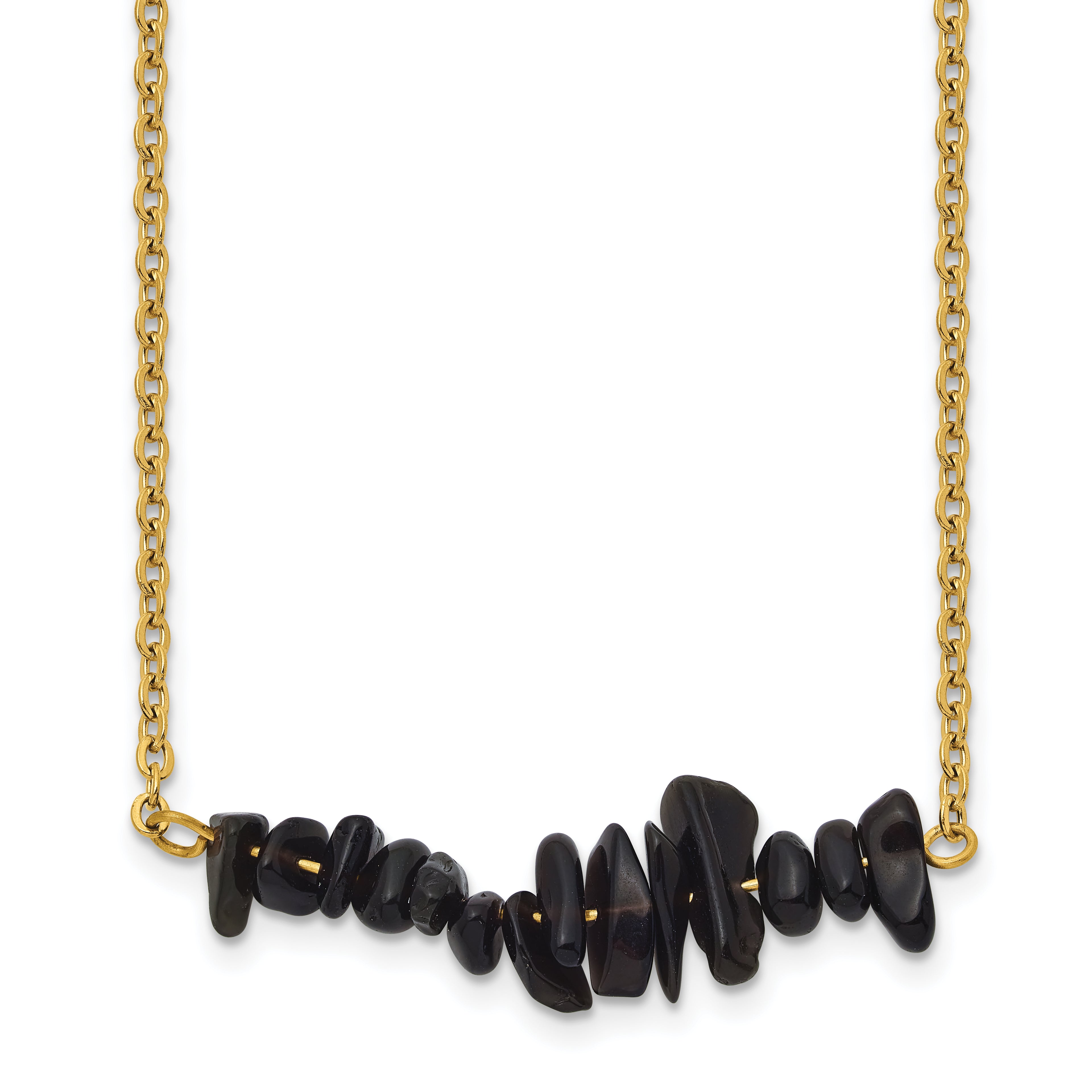 Gold-Tone Polished Black Agate Stainless Steel Cable Chain Necklace 1.5mm