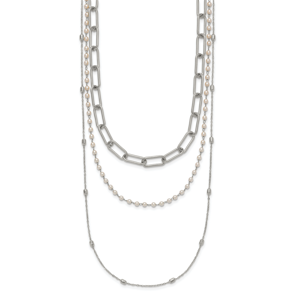 Polished Freshwater Cultured Pearl Stainless Steel Paperclip Chain Necklace 7mm