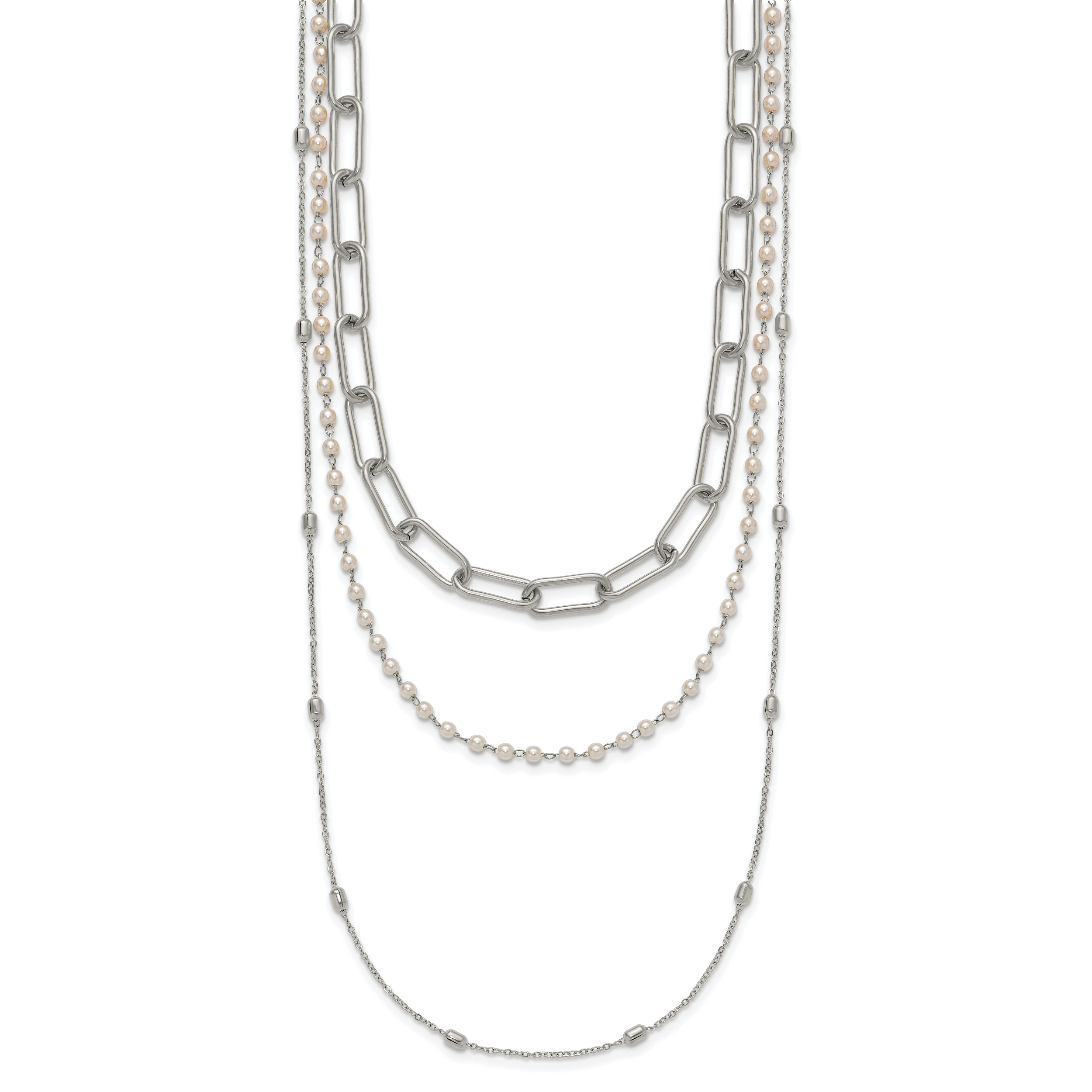 Polished Freshwater Cultured Pearl Stainless Steel Paperclip Chain Necklace 7mm