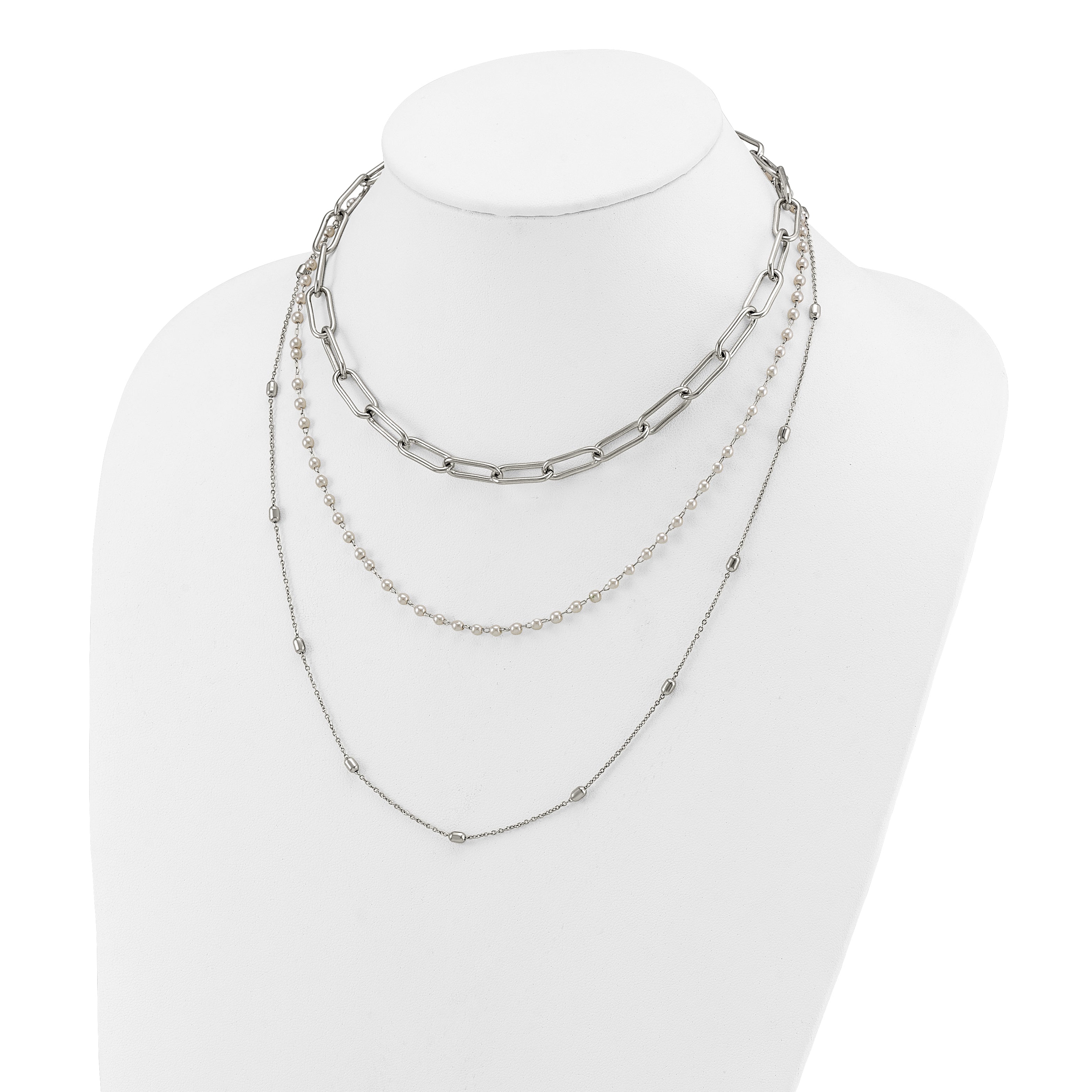 Polished Freshwater Cultured Pearl Stainless Steel Paperclip Chain Necklace 7mm
