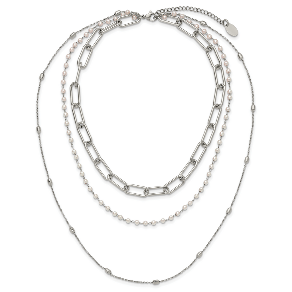 Polished Freshwater Cultured Pearl Stainless Steel Paperclip Chain Necklace 7mm