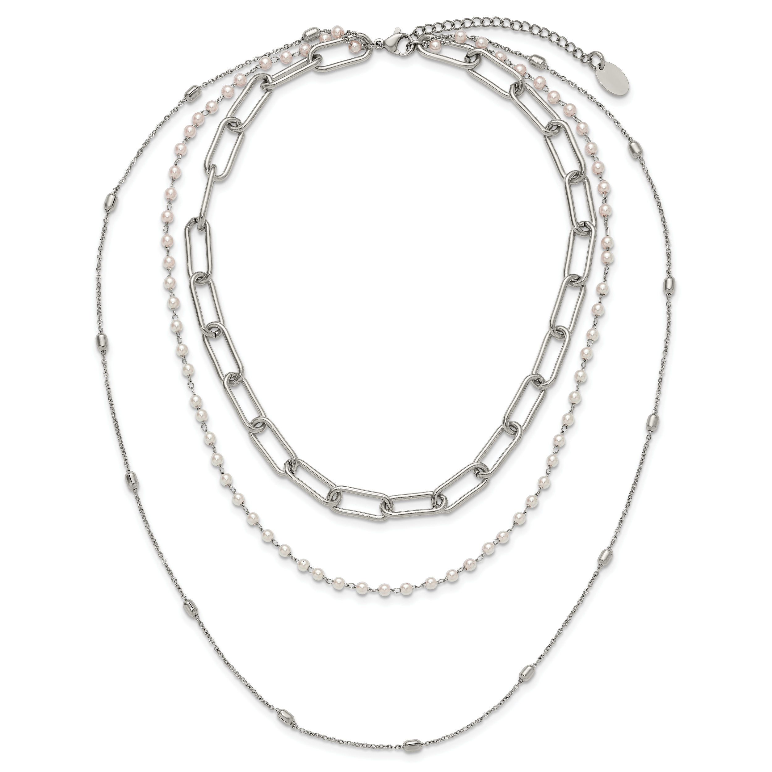 Polished Freshwater Cultured Pearl Stainless Steel Paperclip Chain Necklace 7mm