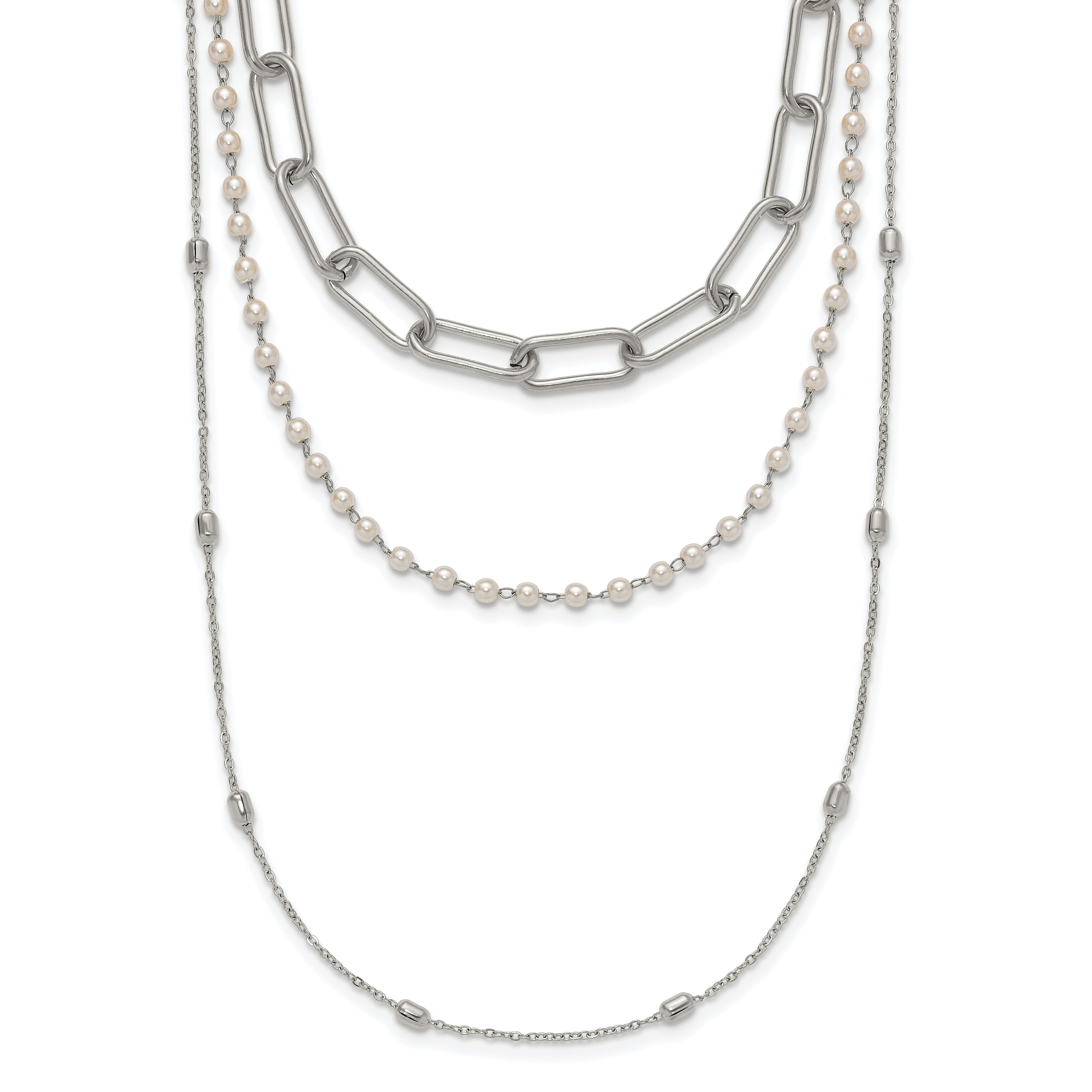 Polished Freshwater Cultured Pearl Stainless Steel Paperclip Chain Necklace 7mm