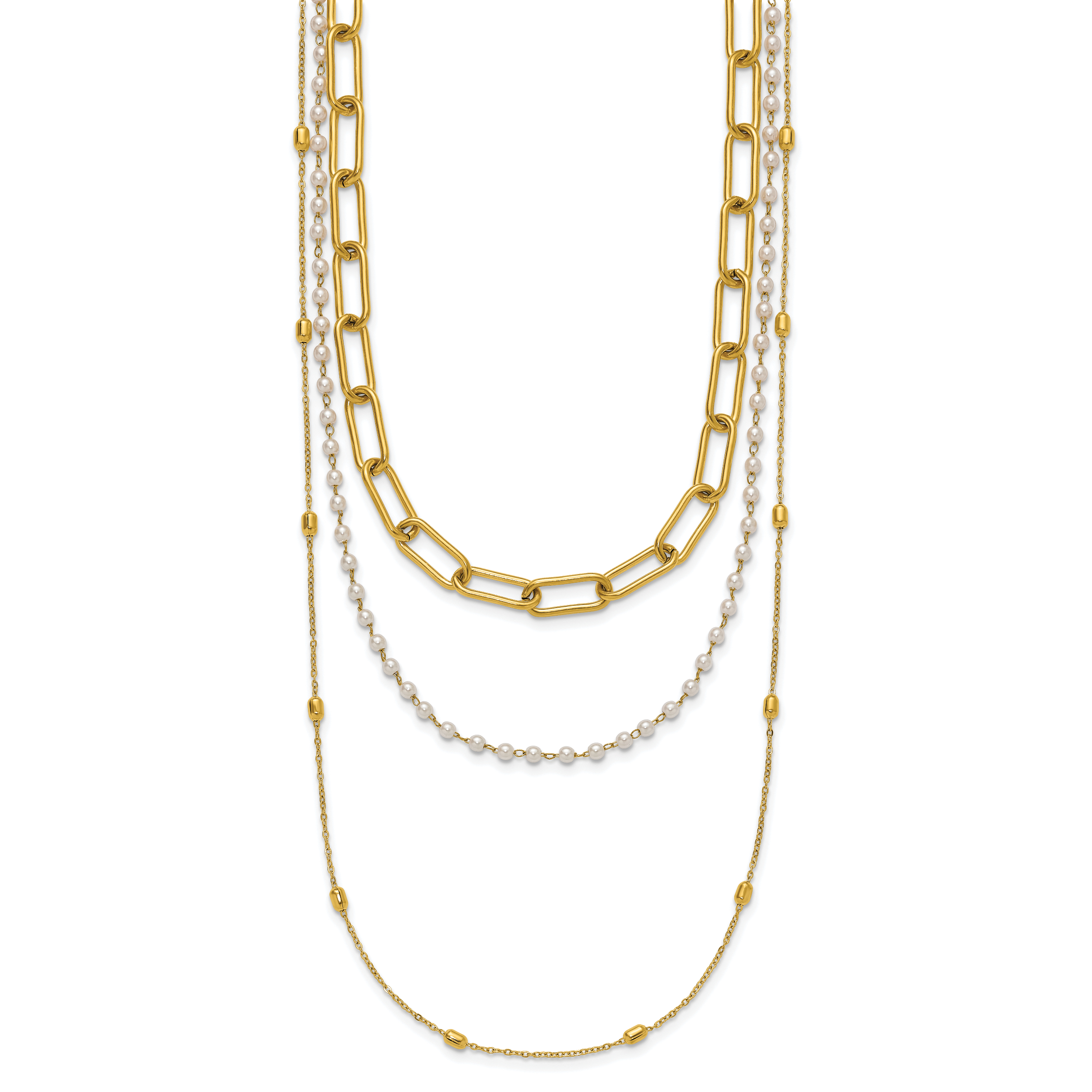 Gold-Tone Polished Freshwater Cultured Pearl Stainless Steel Paperclip Chain Necklace 7mm Secondary image