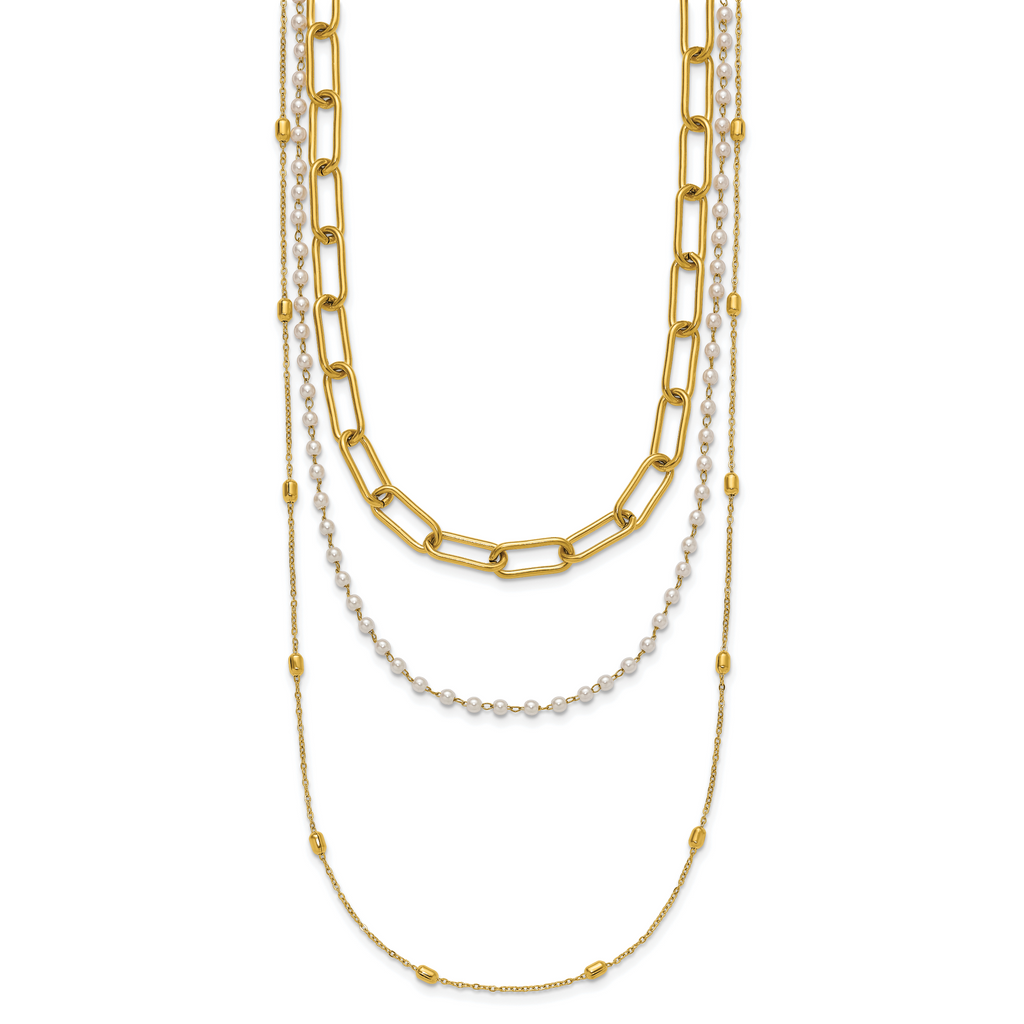 Gold-Tone Polished Freshwater Cultured Pearl Stainless Steel Paperclip Chain Necklace 7mm