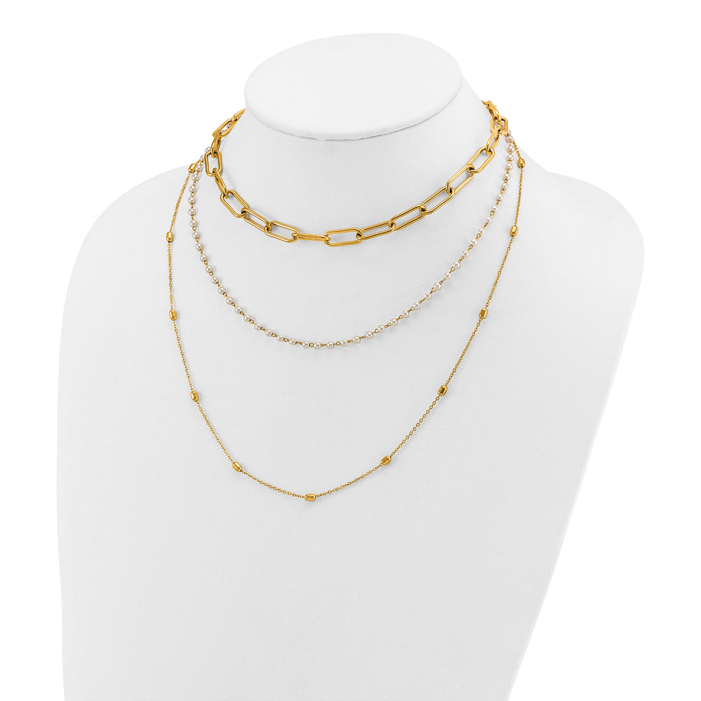 Gold-Tone Polished Freshwater Cultured Pearl Stainless Steel Paperclip Chain Necklace 7mm
