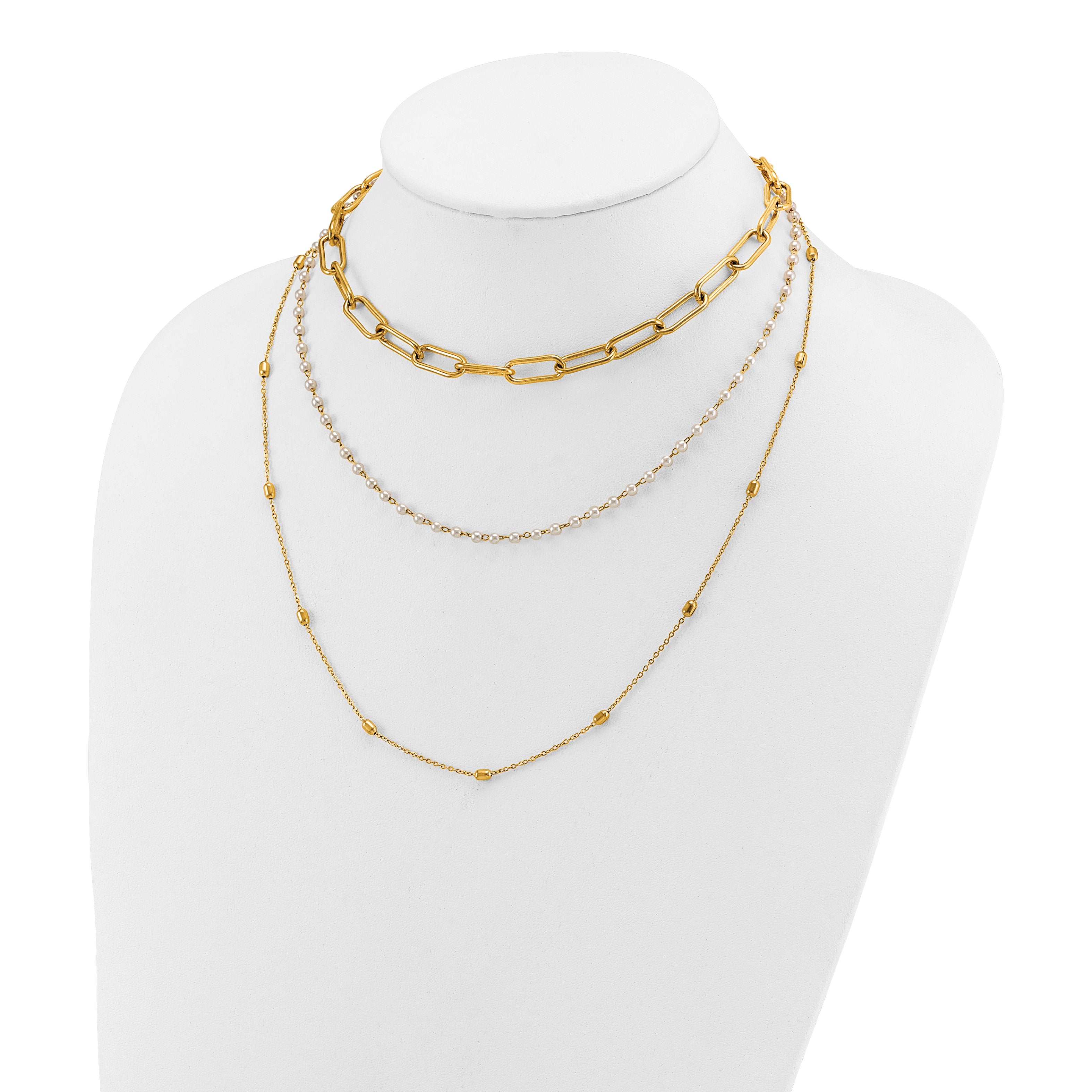 Gold-Tone Polished Freshwater Cultured Pearl Stainless Steel Paperclip Chain Necklace 7mm
