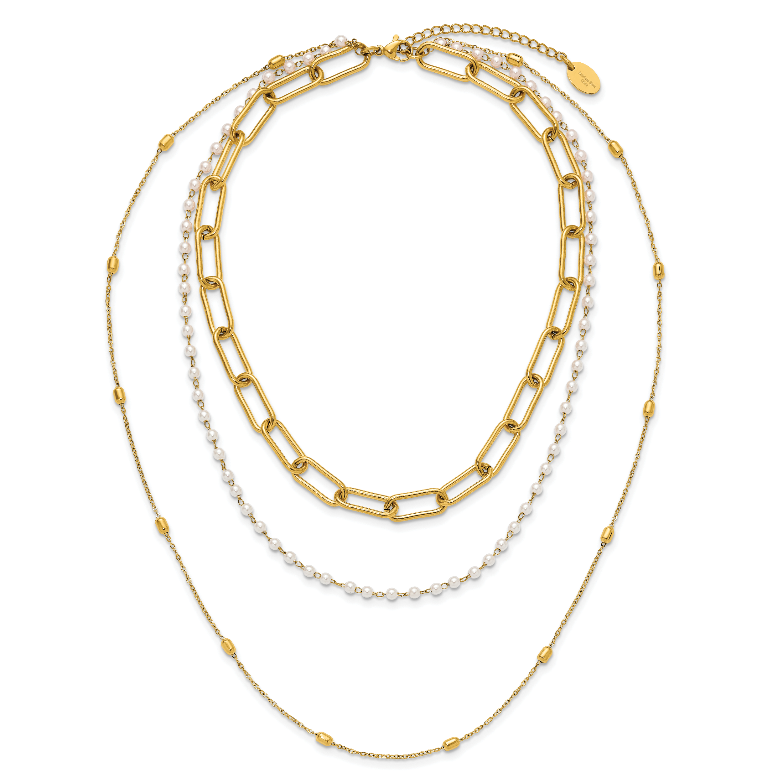Gold-Tone Polished Freshwater Cultured Pearl Stainless Steel Paperclip Chain Necklace 7mm