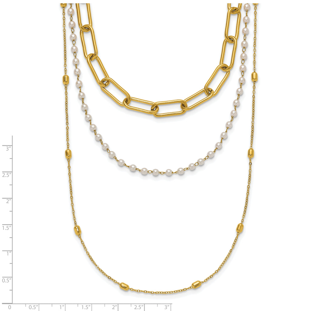 Gold-Tone Polished Freshwater Cultured Pearl Stainless Steel Paperclip Chain Necklace 7mm
