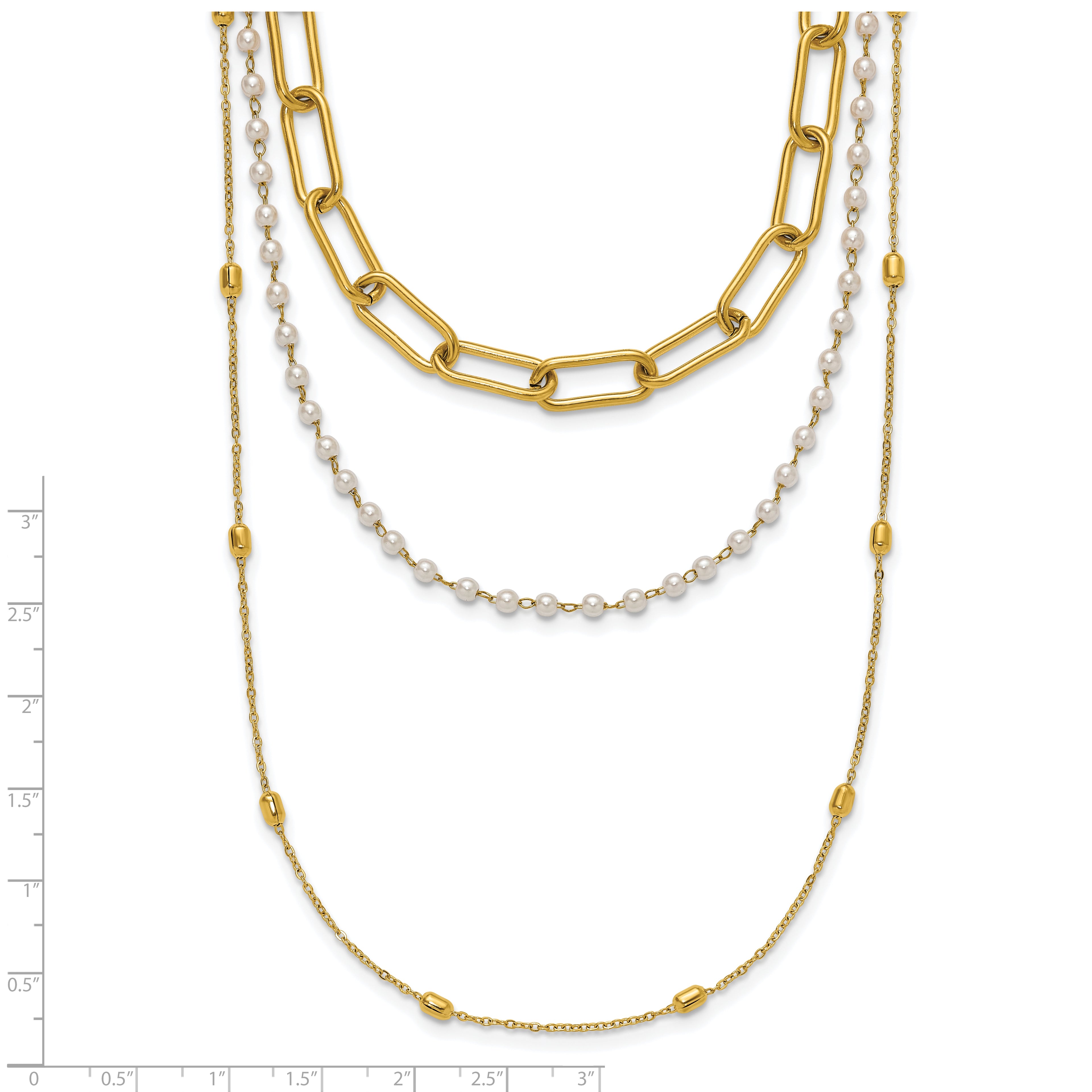 Gold-Tone Polished Freshwater Cultured Pearl Stainless Steel Paperclip Chain Necklace 7mm