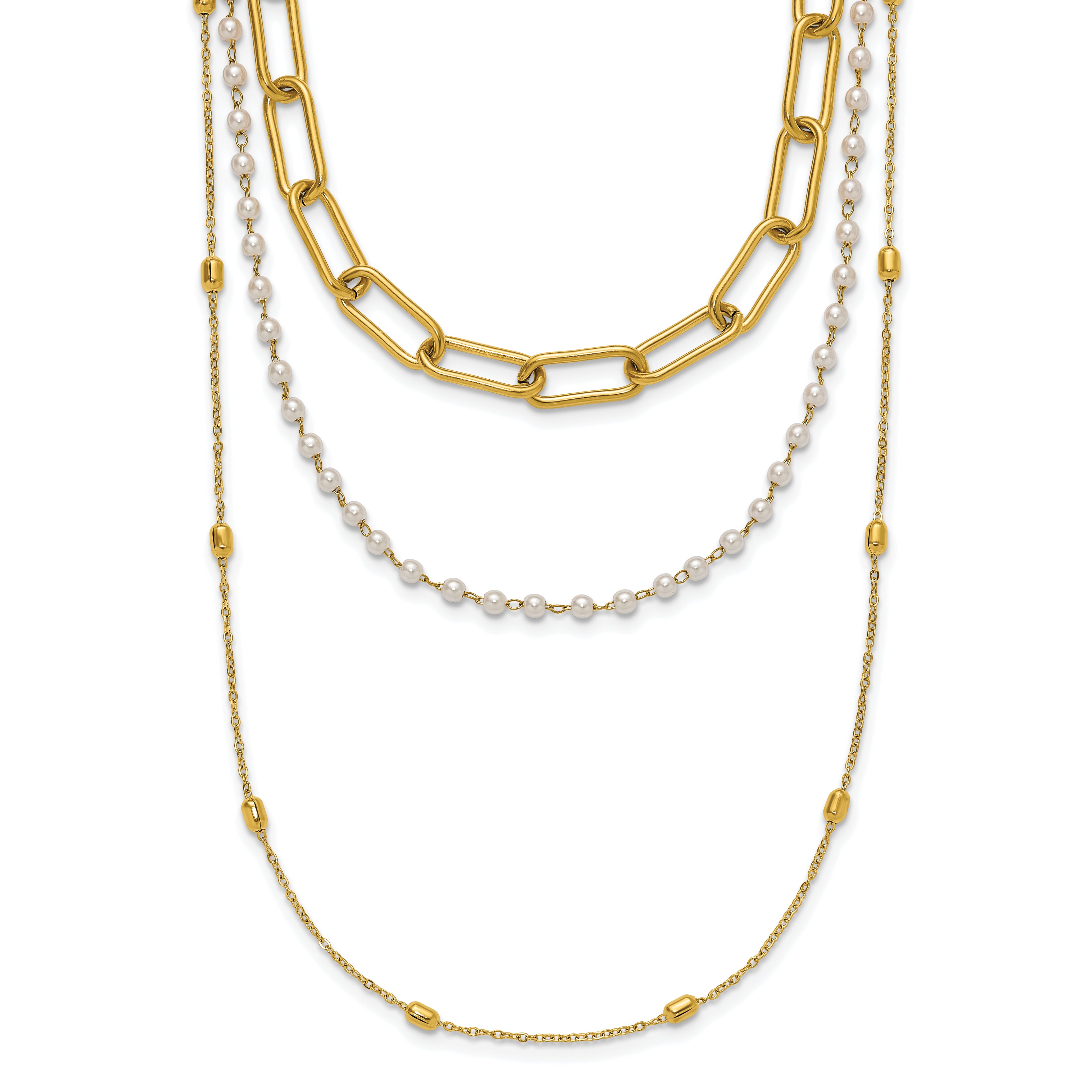 Gold-Tone Polished Freshwater Cultured Pearl Stainless Steel Paperclip Chain Necklace 7mm Main image