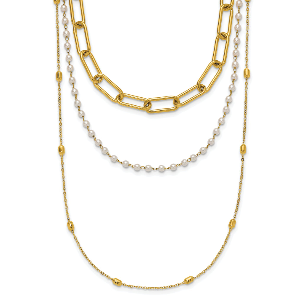 Gold-Tone Polished Freshwater Cultured Pearl Stainless Steel Paperclip Chain Necklace 7mm