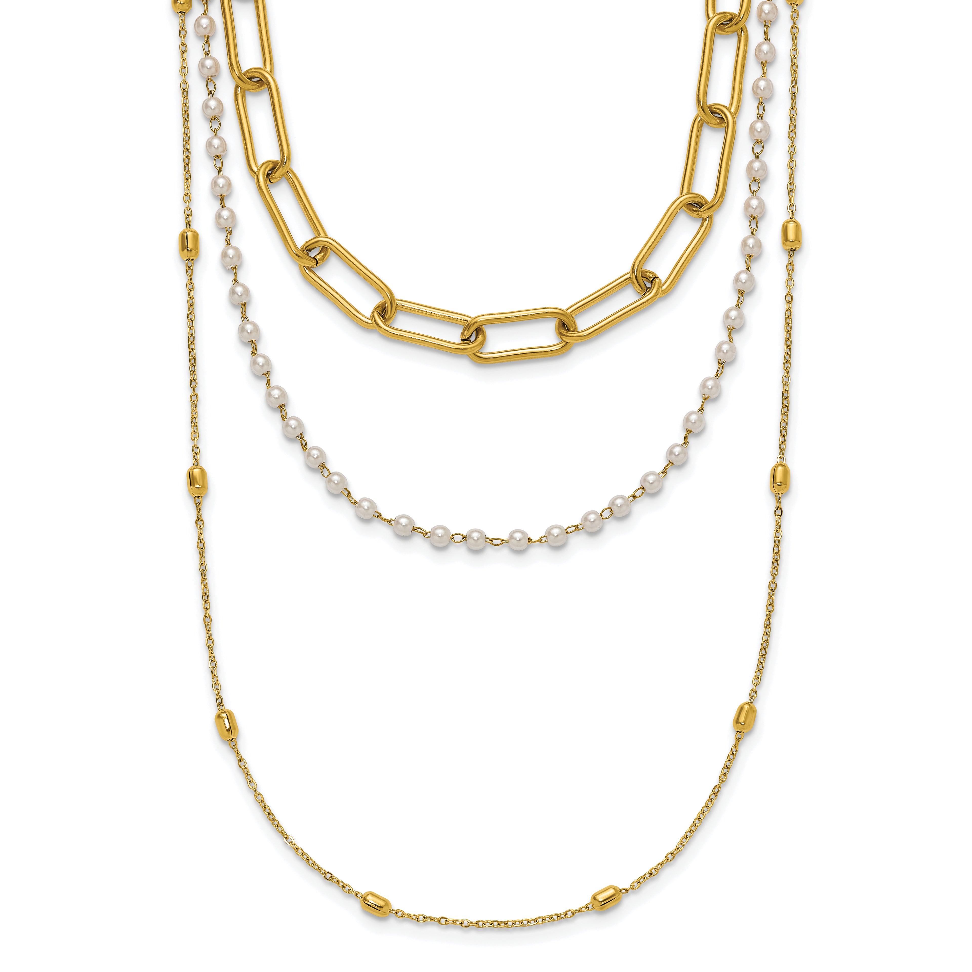 Gold-Tone Polished Freshwater Cultured Pearl Stainless Steel Paperclip Chain Necklace 7mm