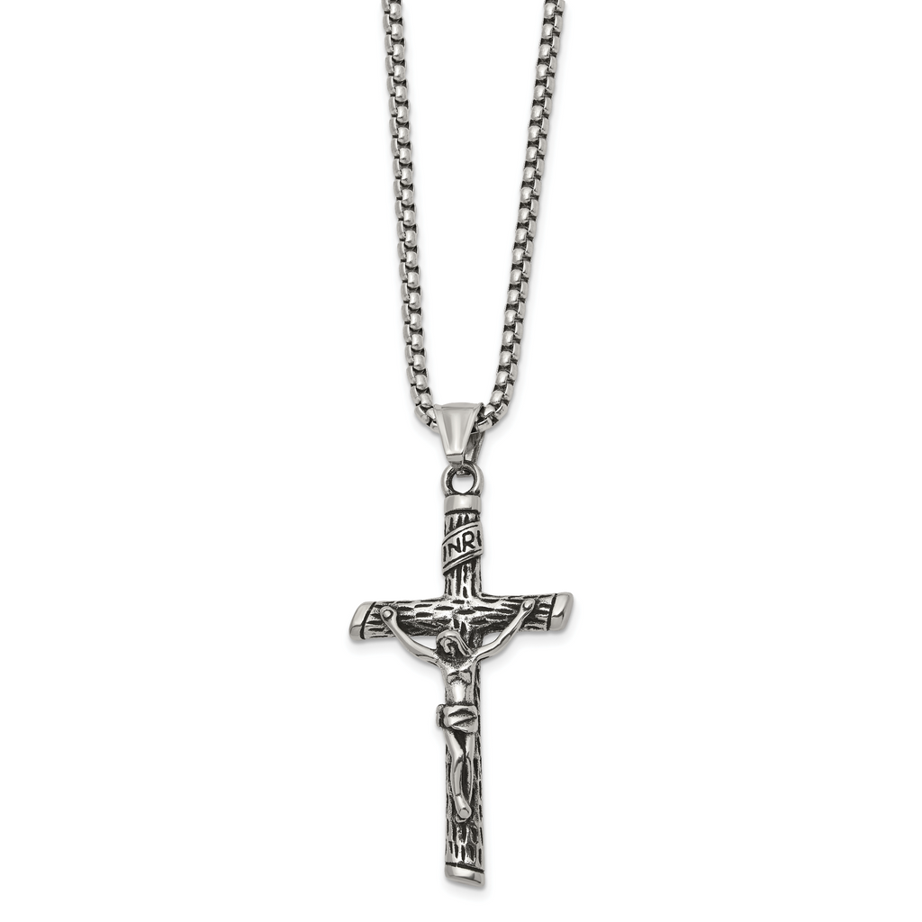 Men's Antiqued INRI Stainless Steel Box Chain Necklace 3mm