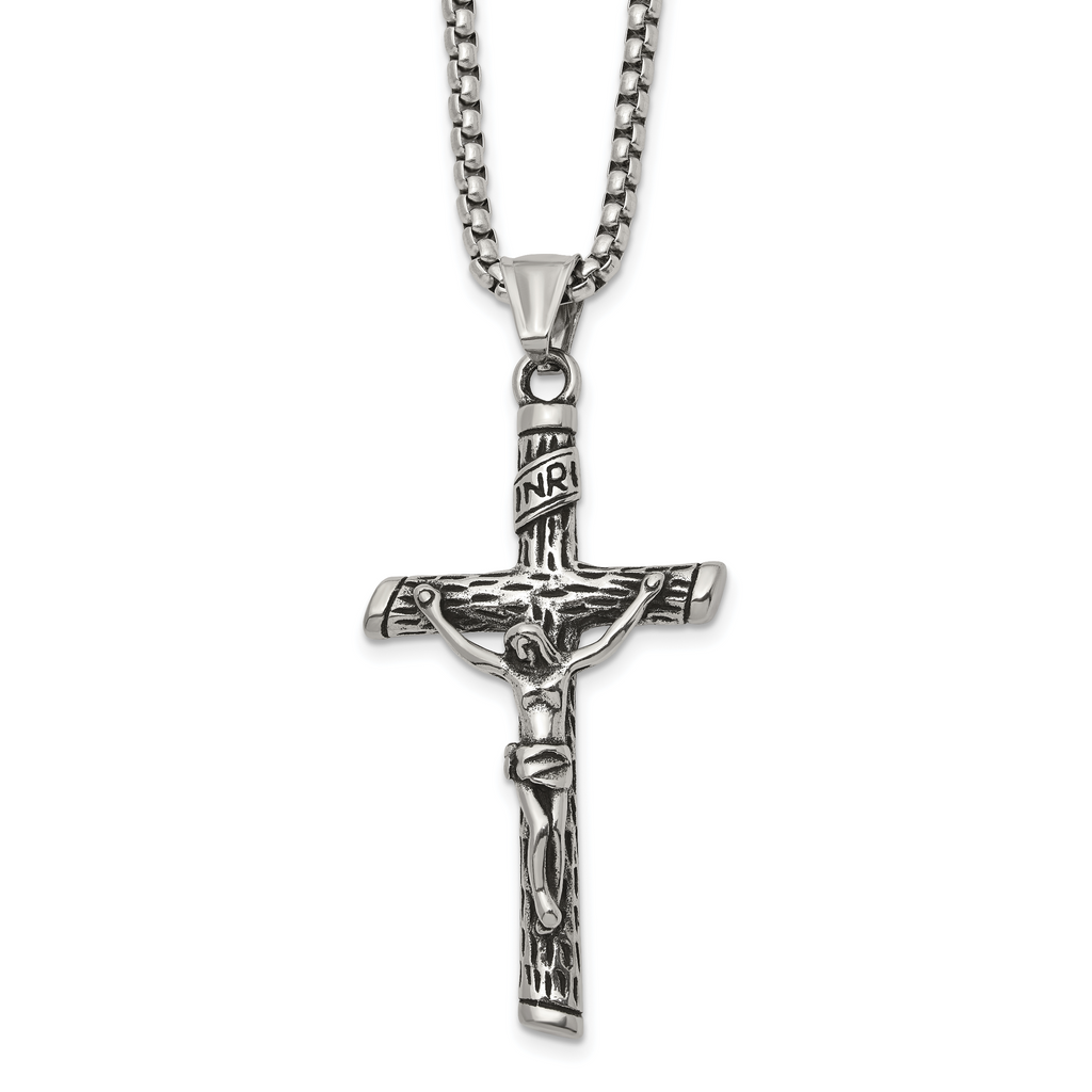 Men's Antiqued INRI Stainless Steel Box Chain Necklace 3mm