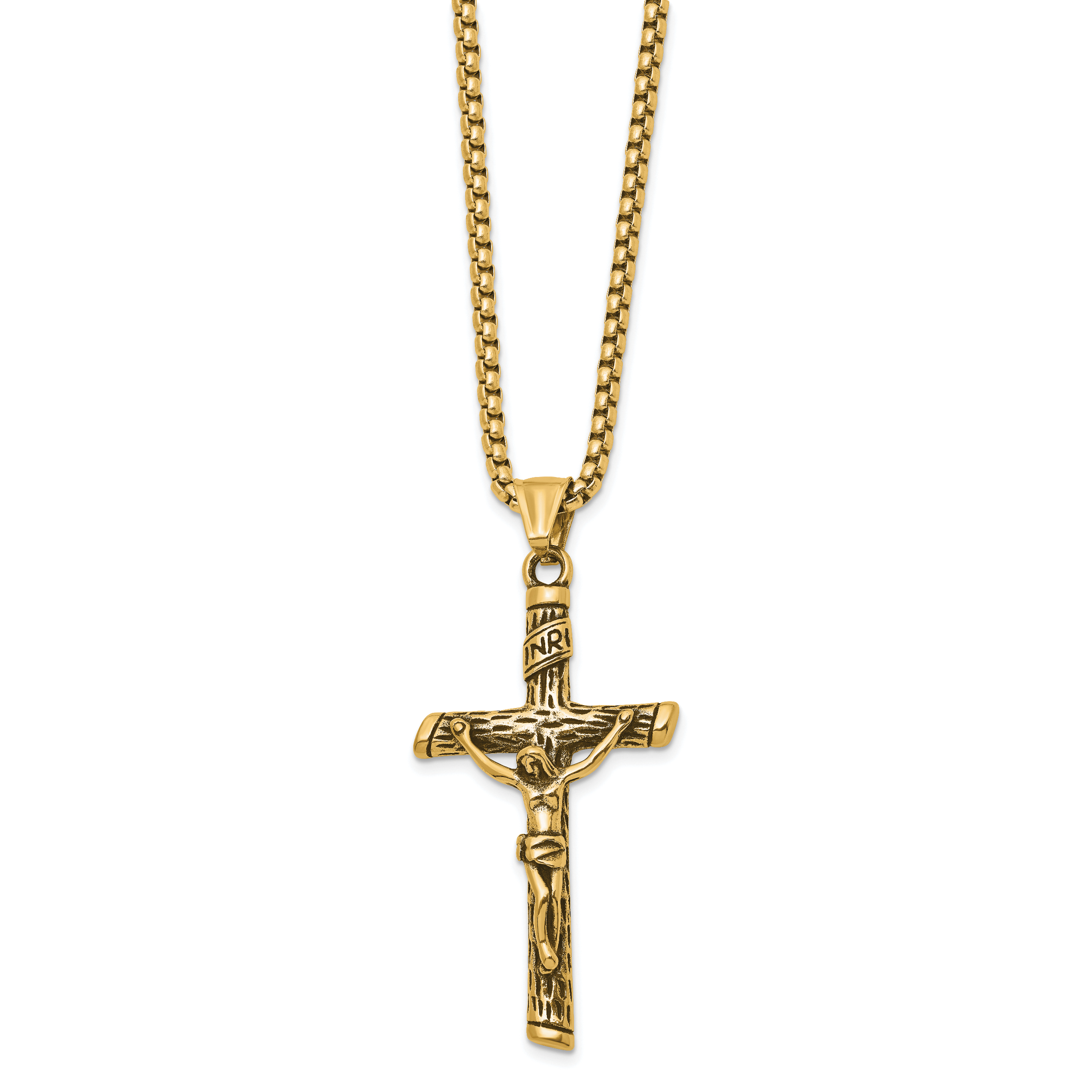 Men's Gold-Tone Antiqued INRI Stainless Steel Box Chain Necklace 3mm