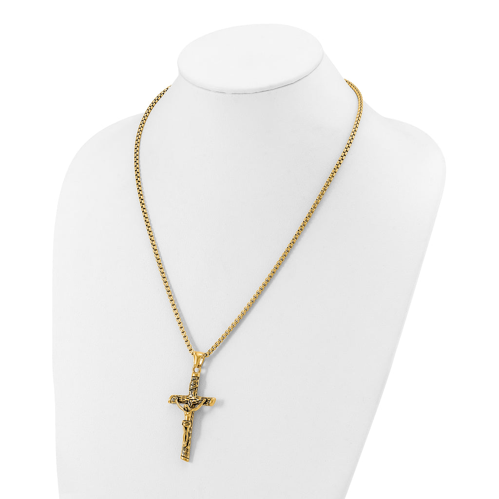 Men's Gold-Tone Antiqued INRI Stainless Steel Box Chain Necklace 3mm