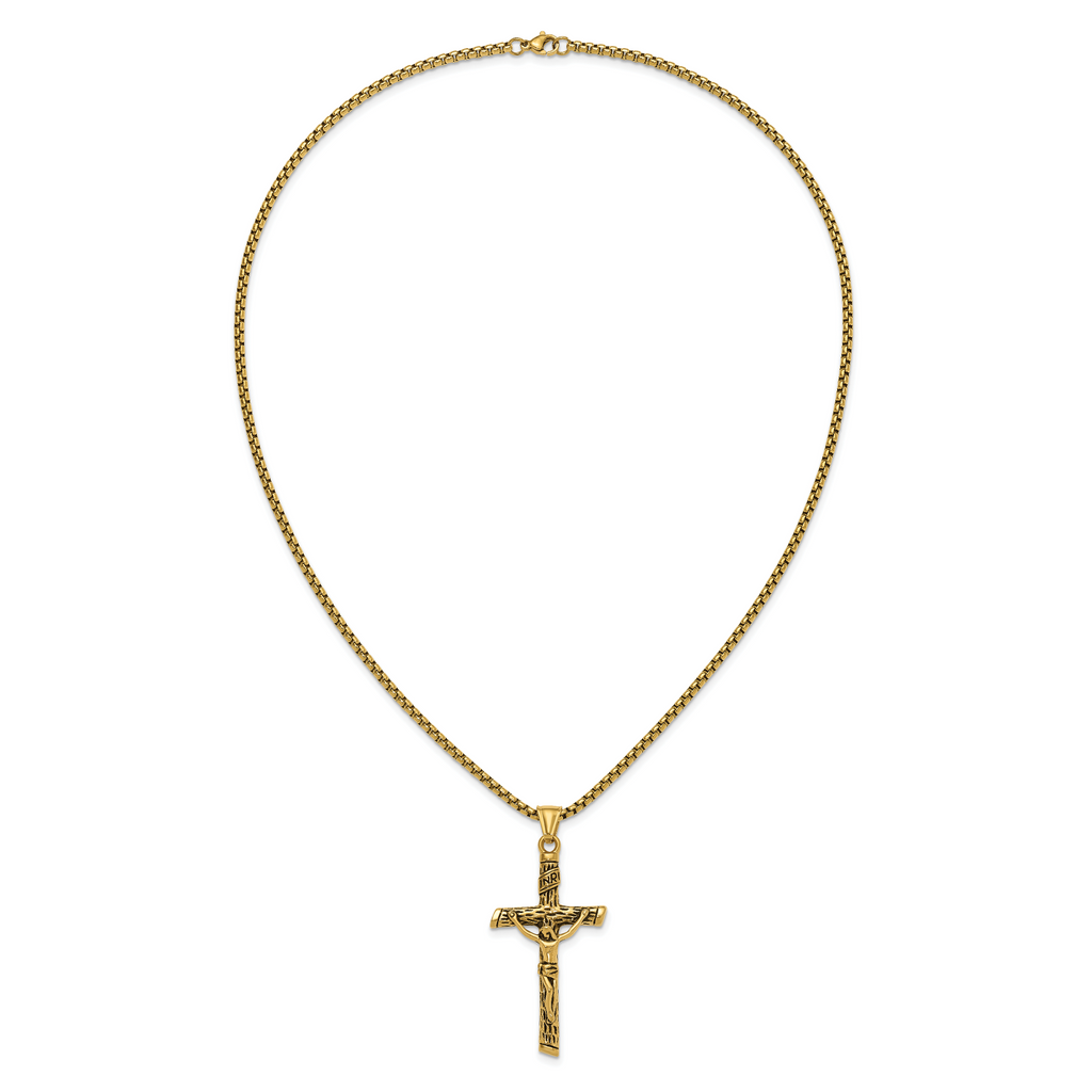 Men's Gold-Tone Antiqued INRI Stainless Steel Box Chain Necklace 3mm