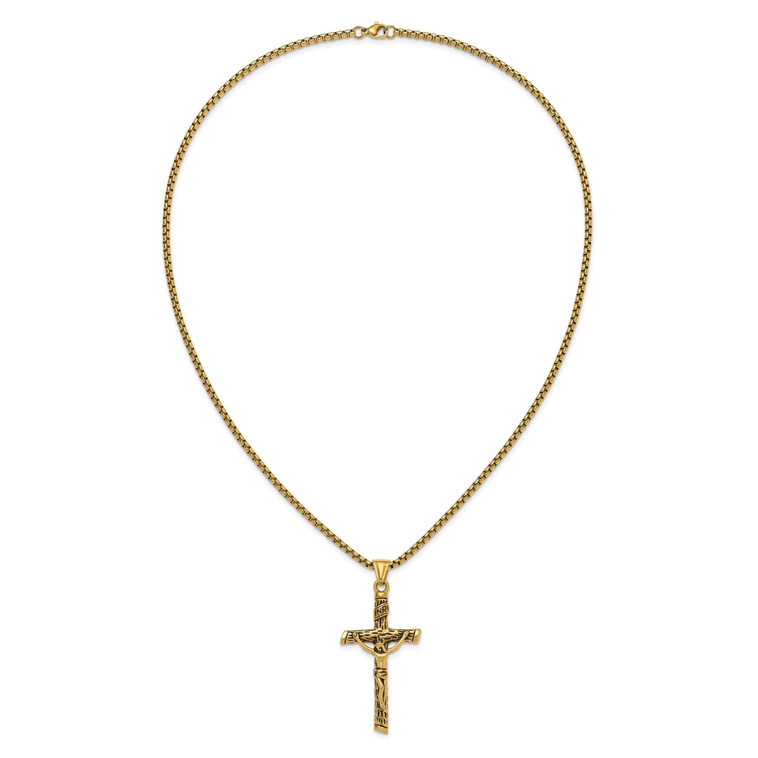 Men's Gold-Tone Antiqued INRI Stainless Steel Box Chain Necklace 3mm