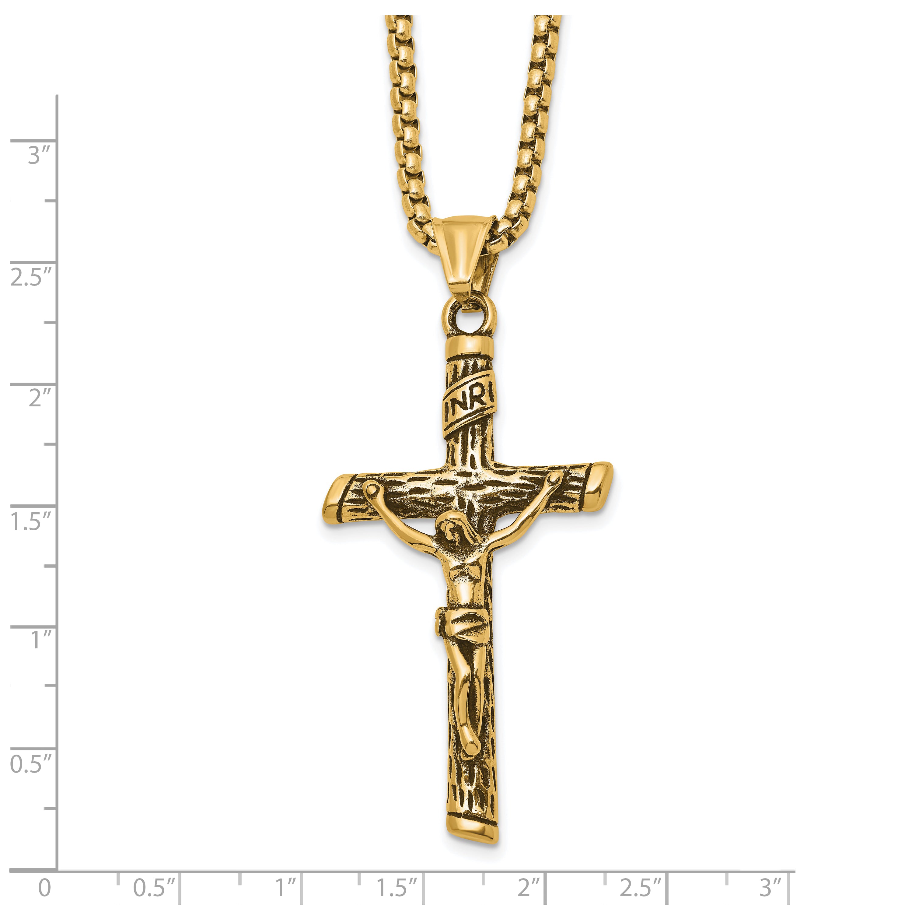 Men's Gold-Tone Antiqued INRI Stainless Steel Box Chain Necklace 3mm