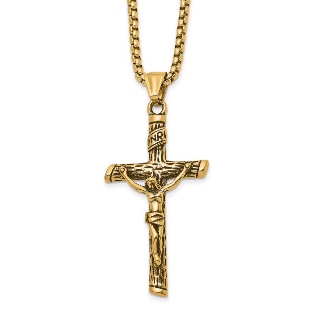 Men's Gold-Tone Antiqued INRI Stainless Steel Box Chain Necklace 3mm
