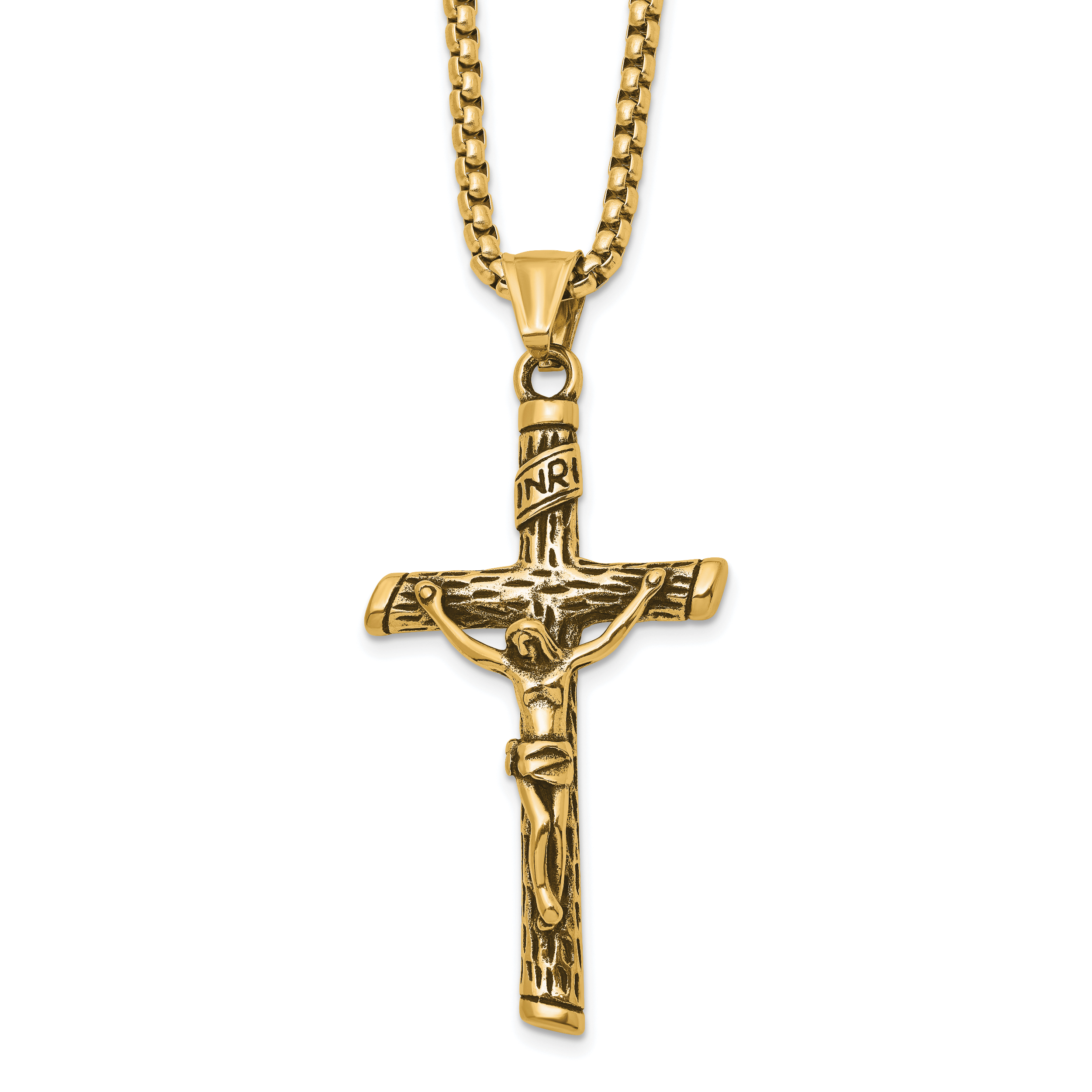 Men's Gold-Tone Antiqued INRI Stainless Steel Box Chain Necklace 3mm