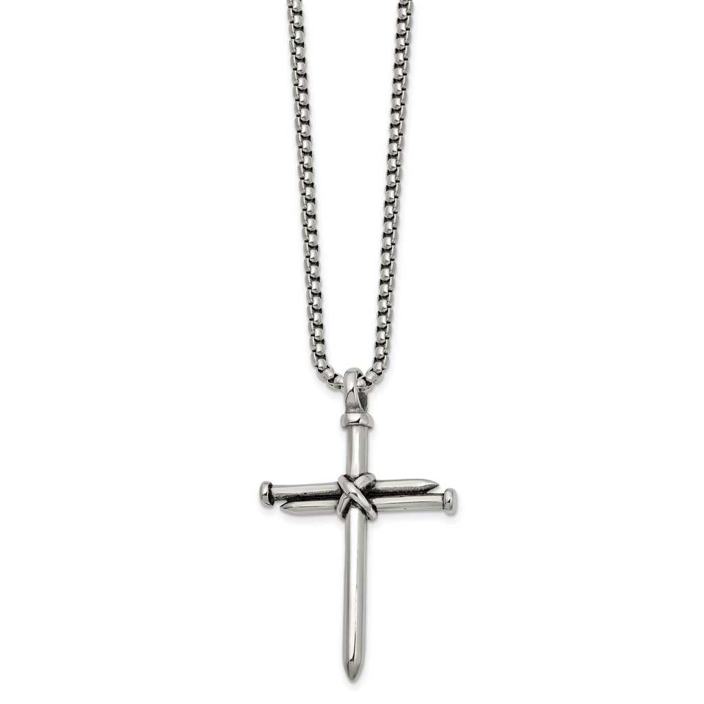 Men's Antiqued Nail Cross Stainless Steel Box Chain Necklace 3mm