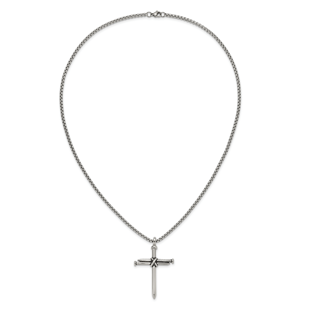 Men's Antiqued Nail Cross Stainless Steel Box Chain Necklace 3mm