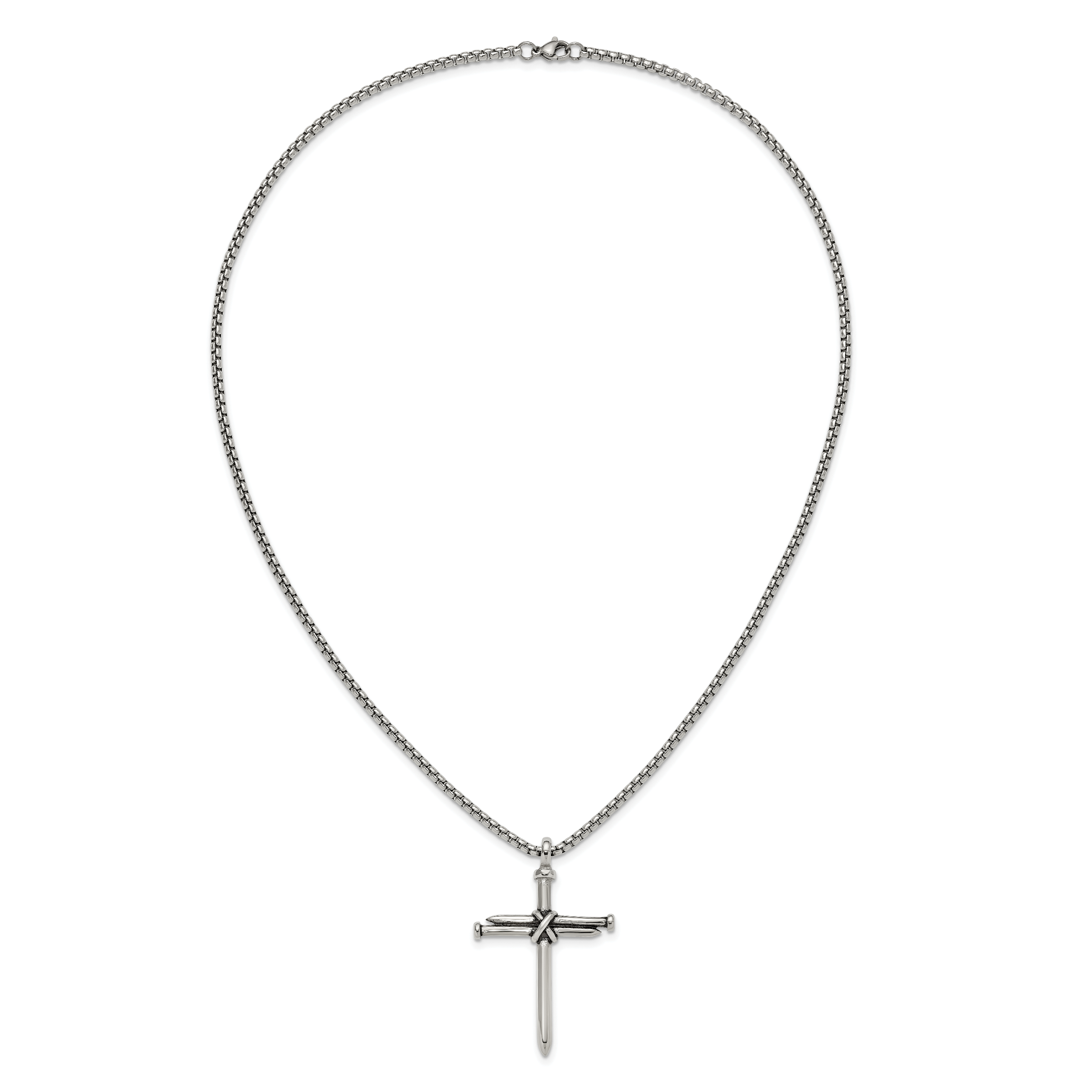 Men's Antiqued Nail Cross Stainless Steel Box Chain Necklace 3mm