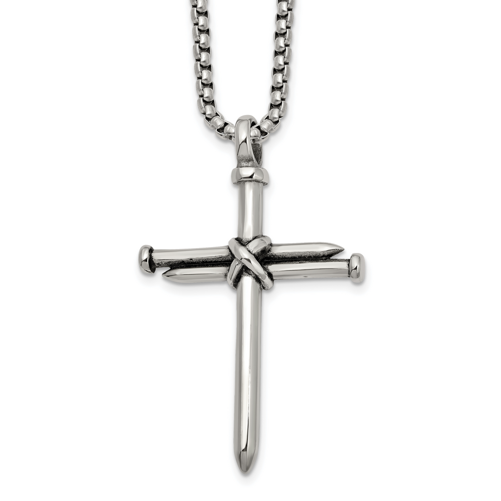 Men's Antiqued Nail Cross Stainless Steel Box Chain Necklace 3mm