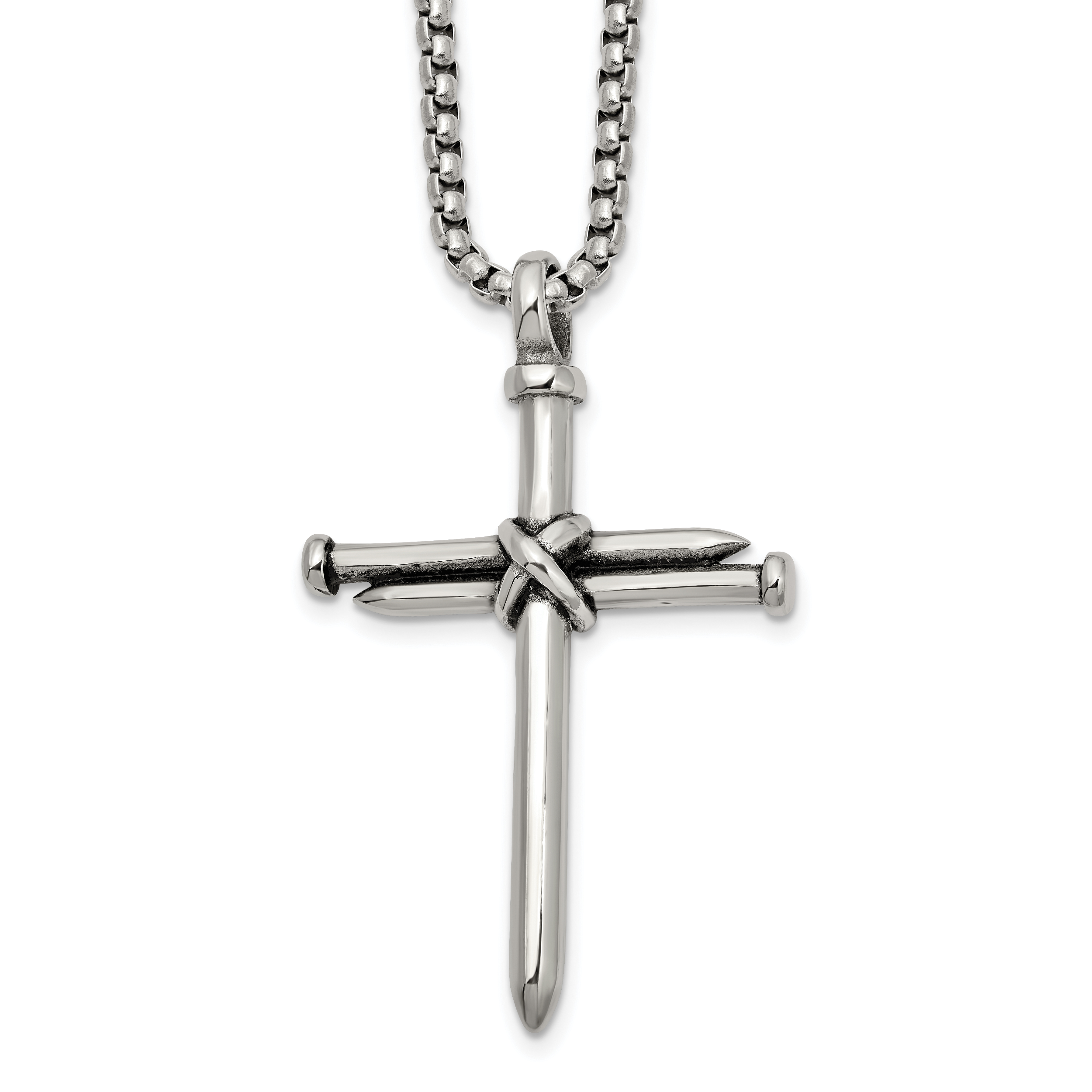 Men's Antiqued Nail Cross Stainless Steel Box Chain Necklace 3mm